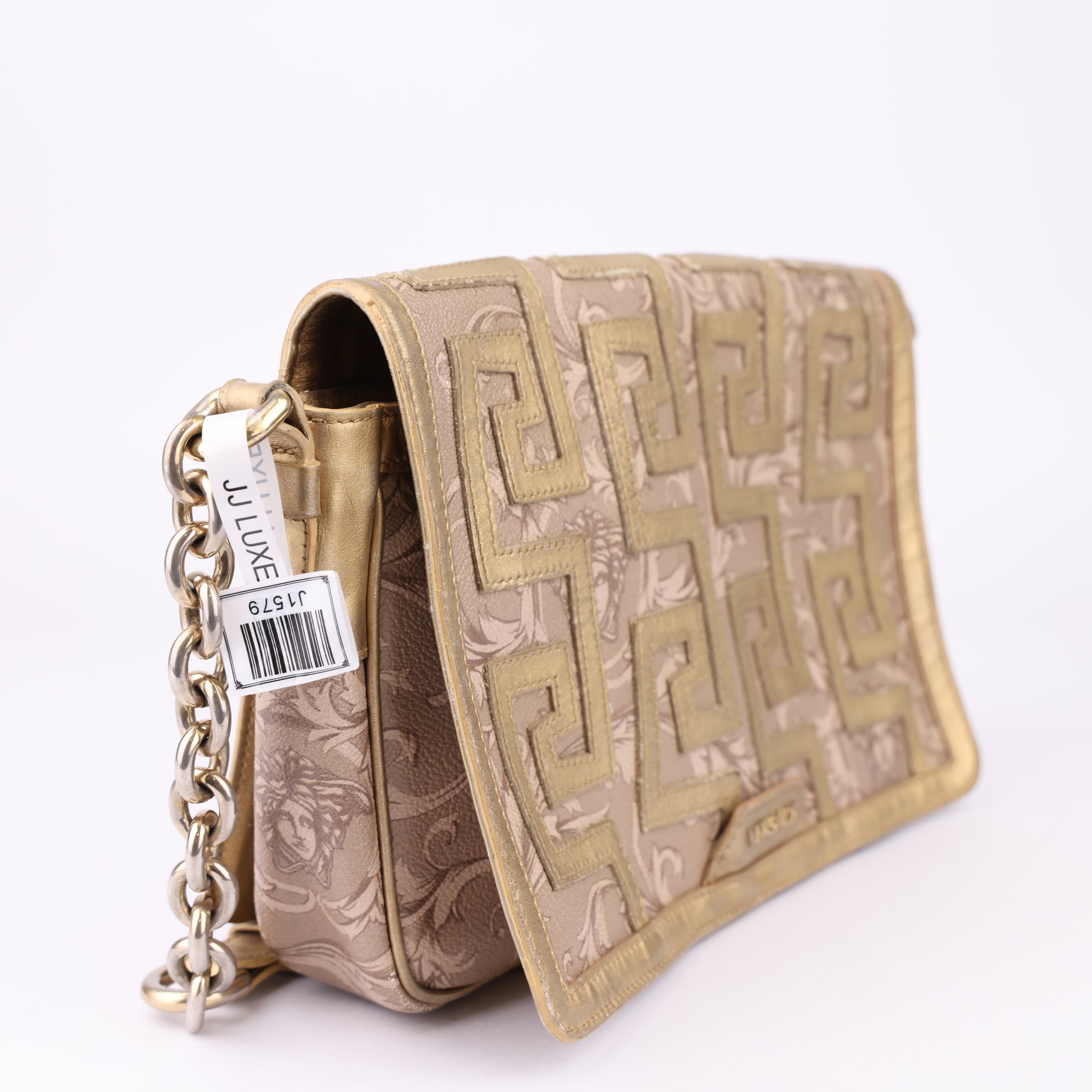 J1579 Versace Beige Baroque Gold Detail Flap Bag- Pre Owned