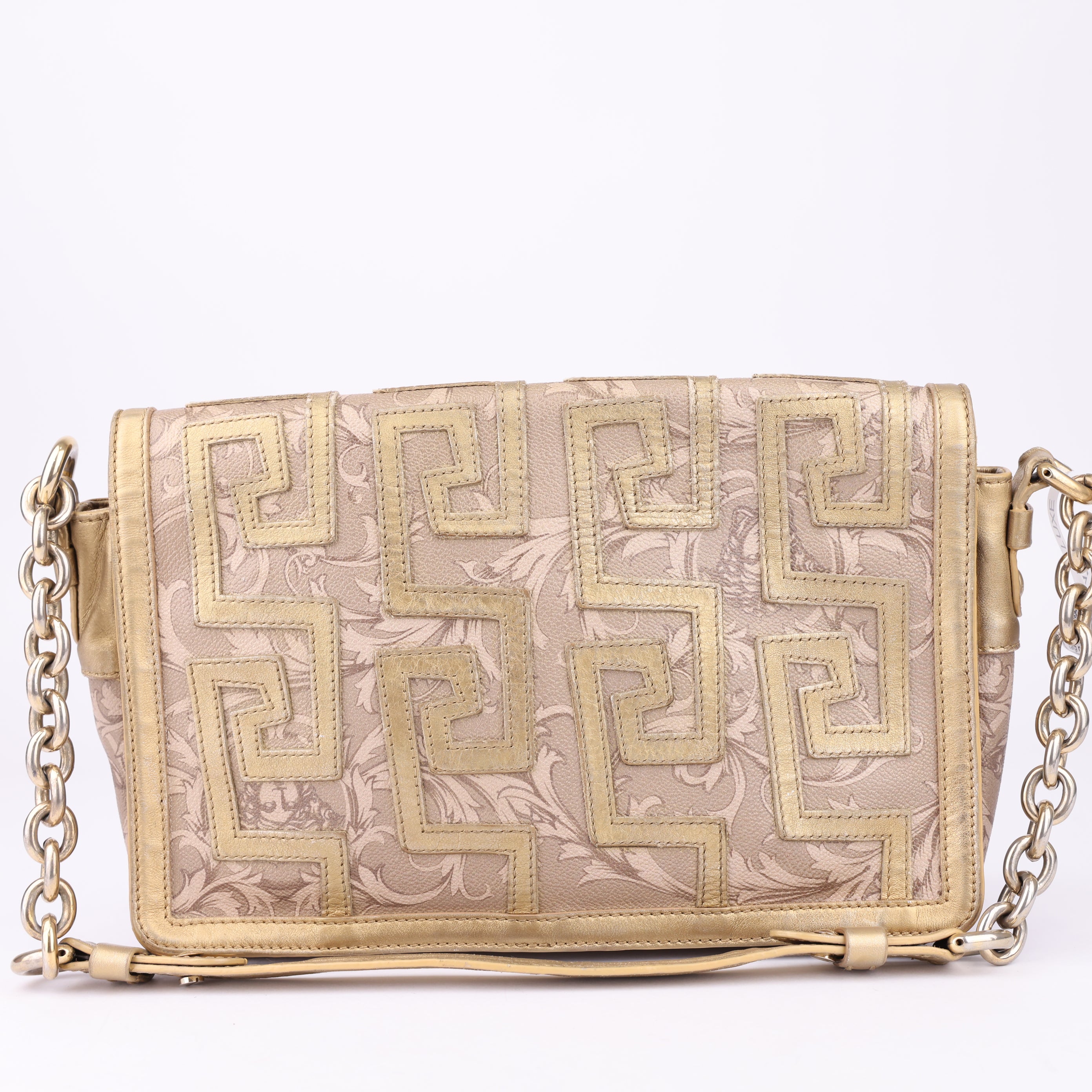 J1579 Versace Beige Baroque Gold Detail Flap Bag- Pre Owned