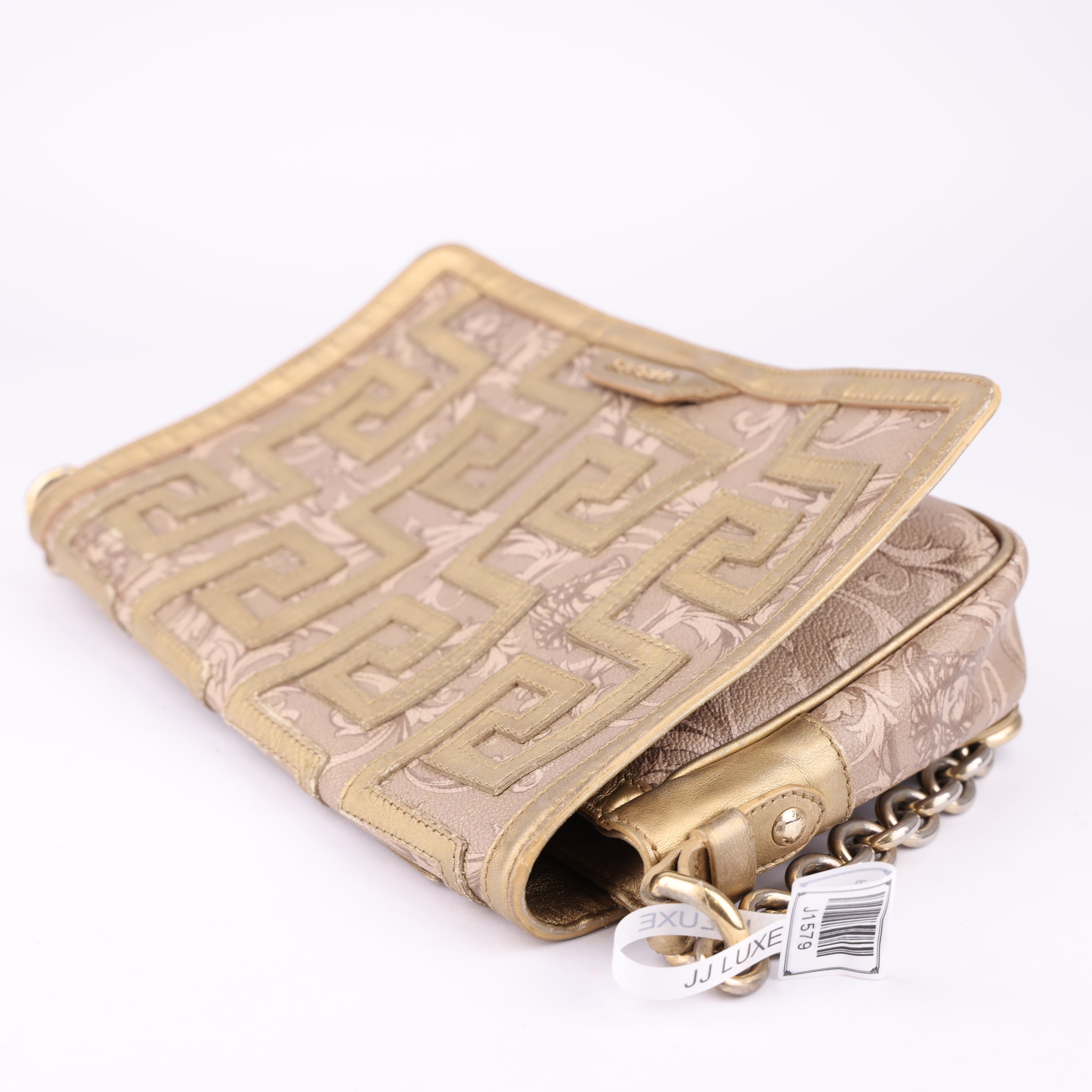 J1579 Versace Beige Baroque Gold Detail Flap Bag- Pre Owned