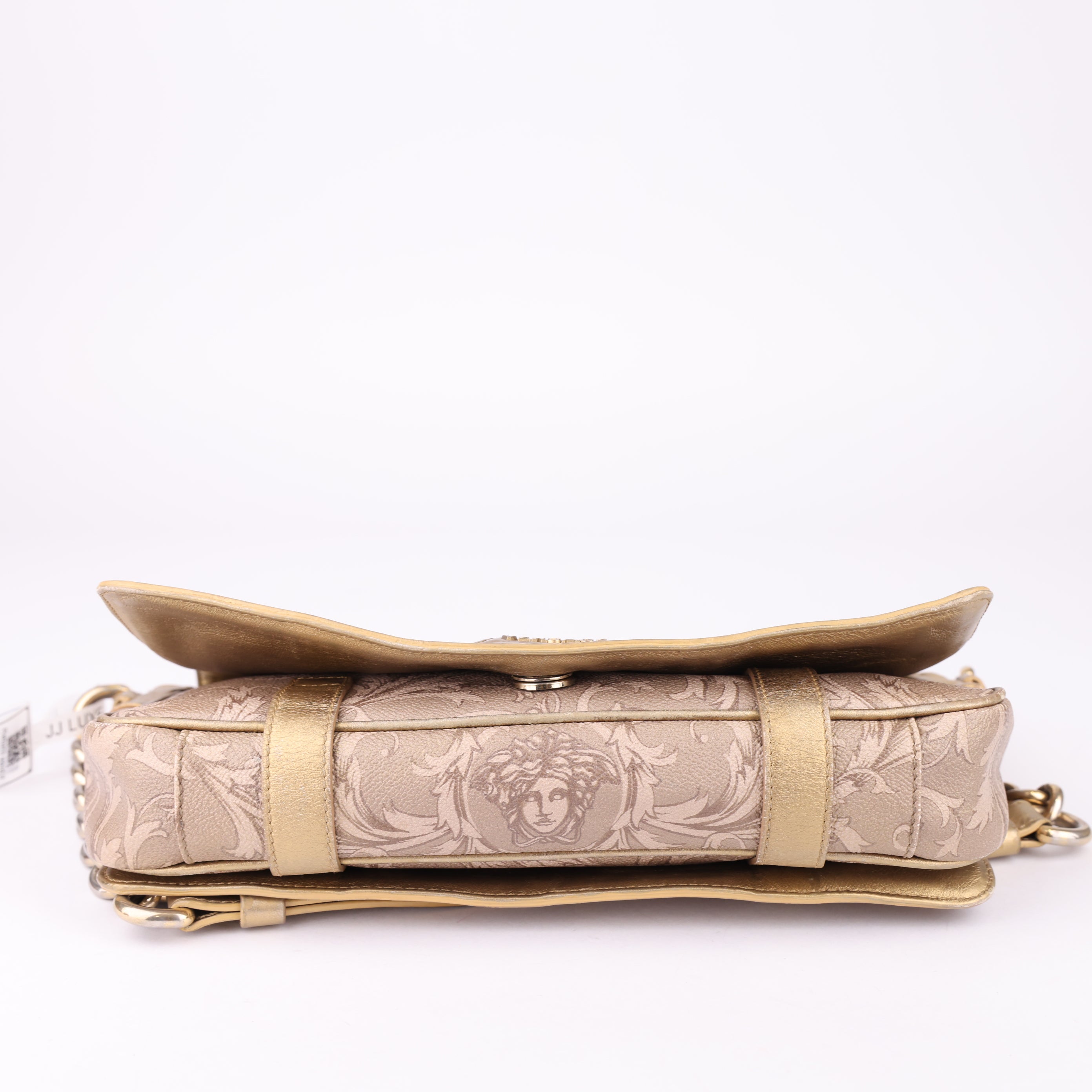 J1579 Versace Beige Baroque Gold Detail Flap Bag- Pre Owned