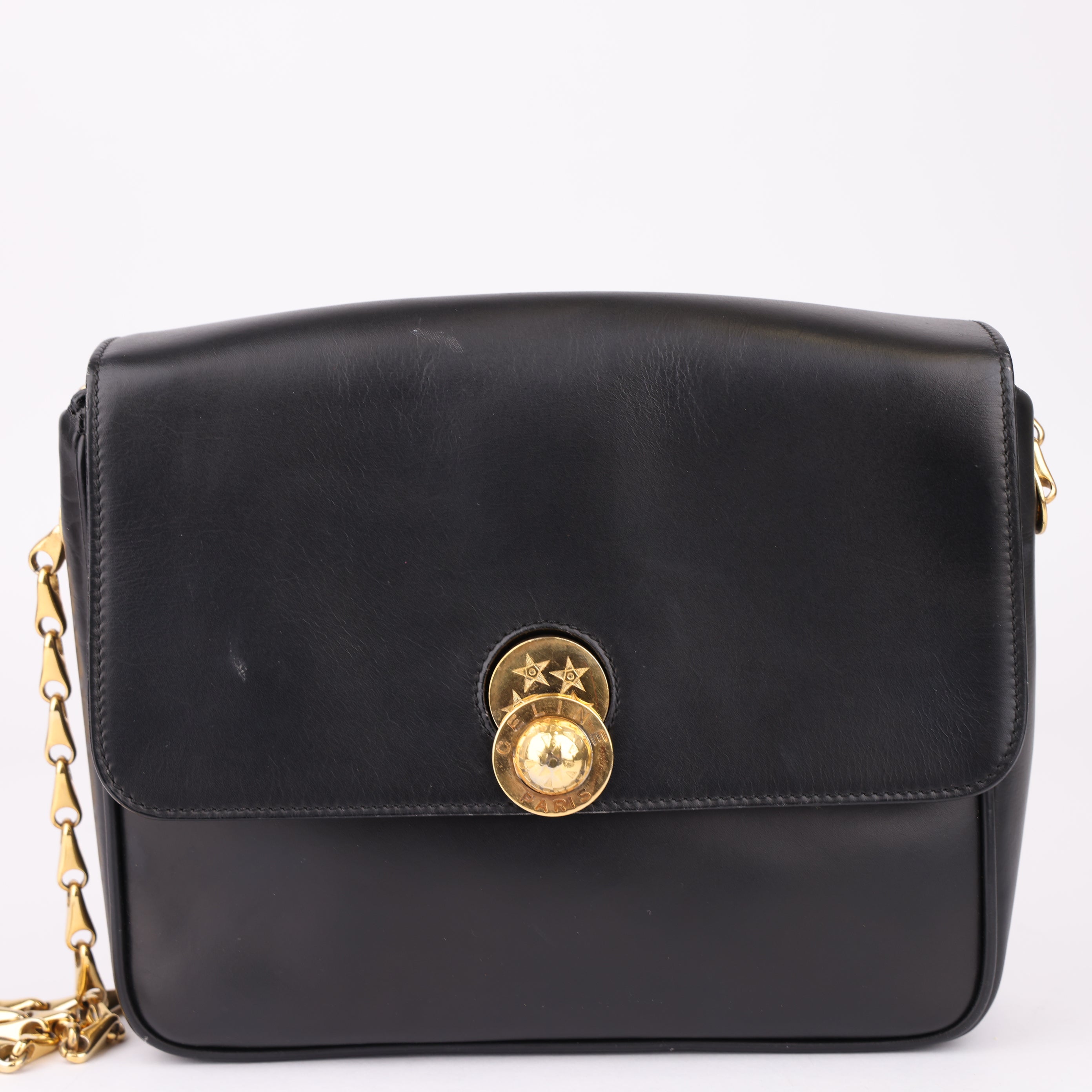 J1570 CELINE Handbag Star Ball Gold Hardware Leather Black- Pre Owned