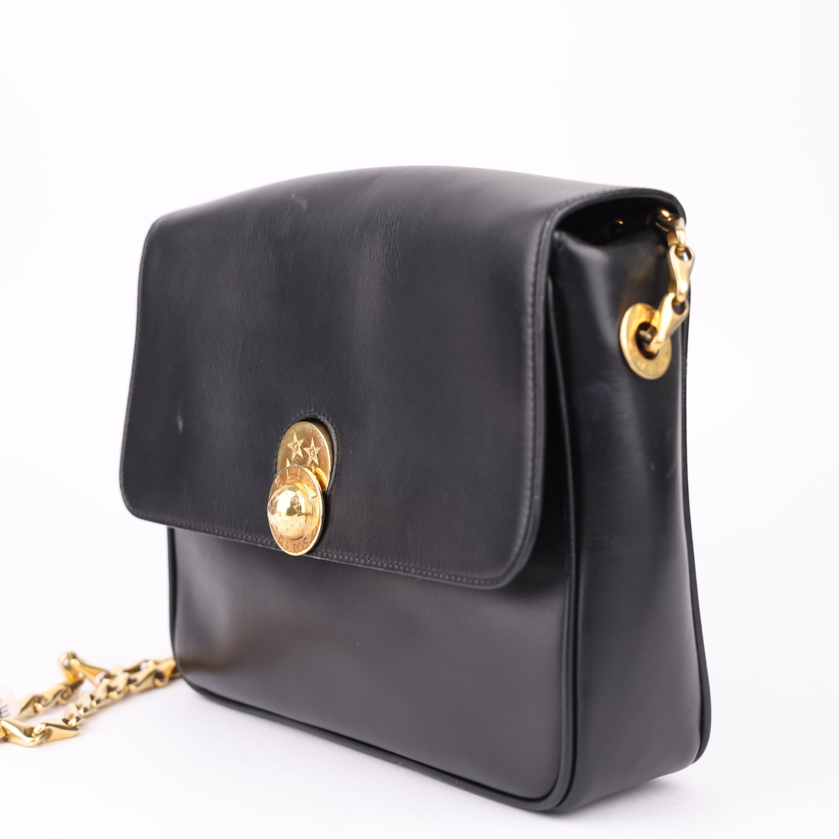 J1570 CELINE Handbag Star Ball Gold Hardware Leather Black- Pre Owned