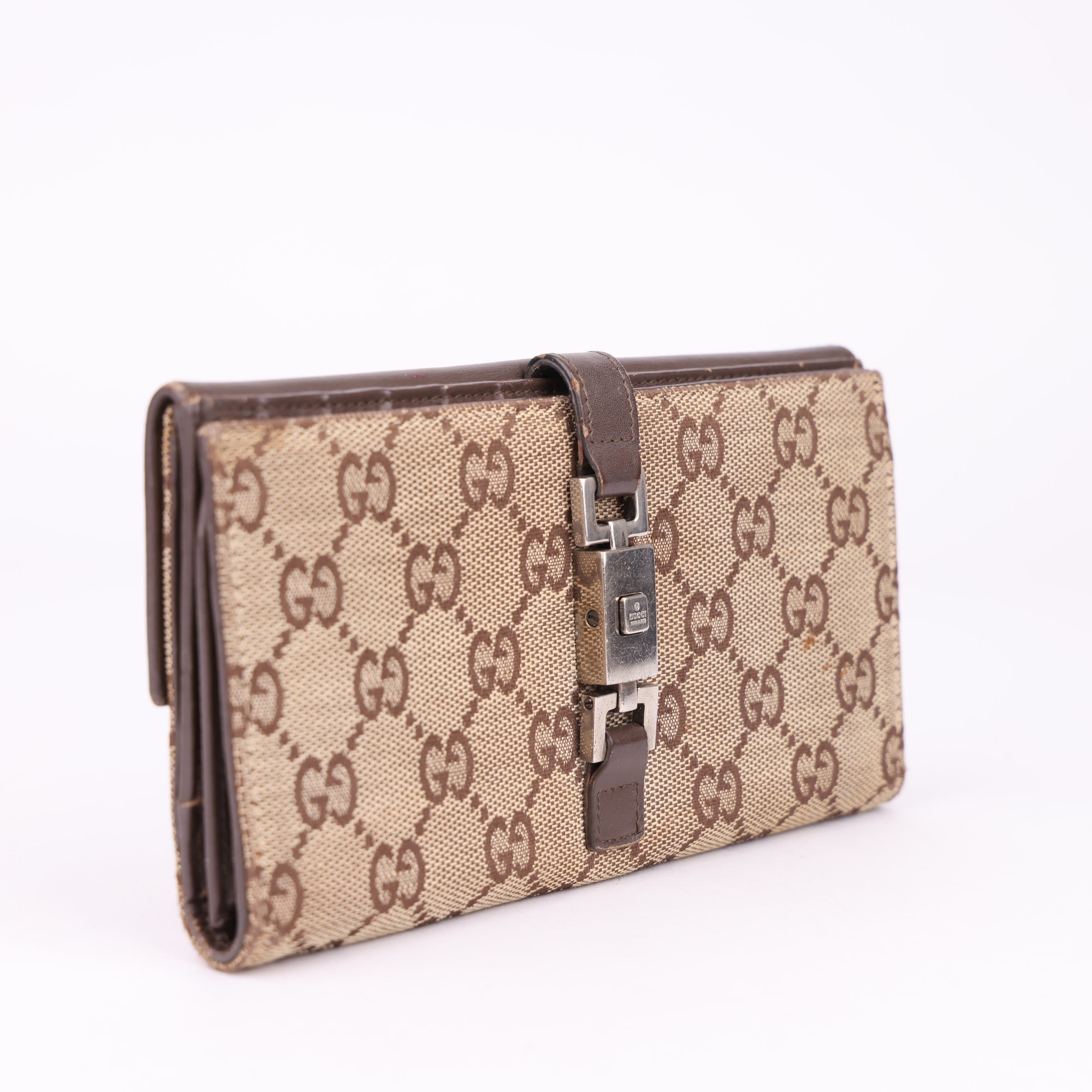 J1555 GUCCI Jakkie GG Logo Canvas Leather Long Bifold Wallet Beige- Pre Owned