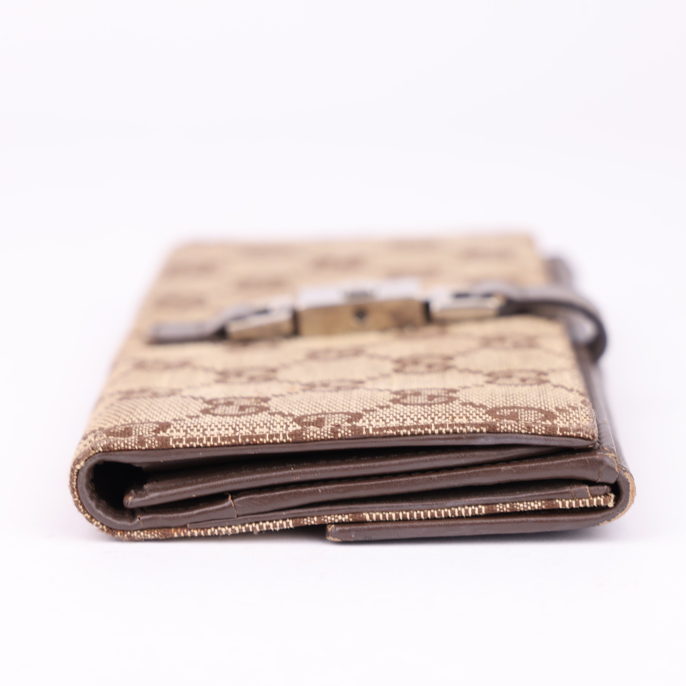 J1555 GUCCI Jakkie GG Logo Canvas Leather Long Bifold Wallet Beige- Pre Owned