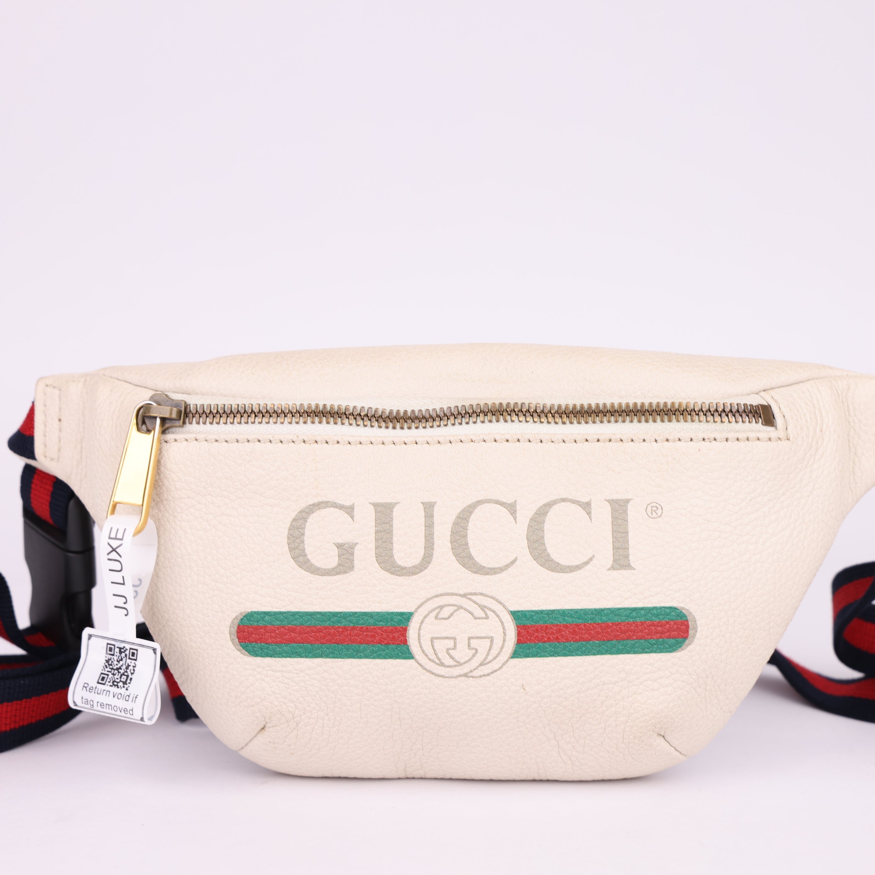J1530 Gucci Print Belt Bag Vintage Logo Small White in Leather- Pre Owned