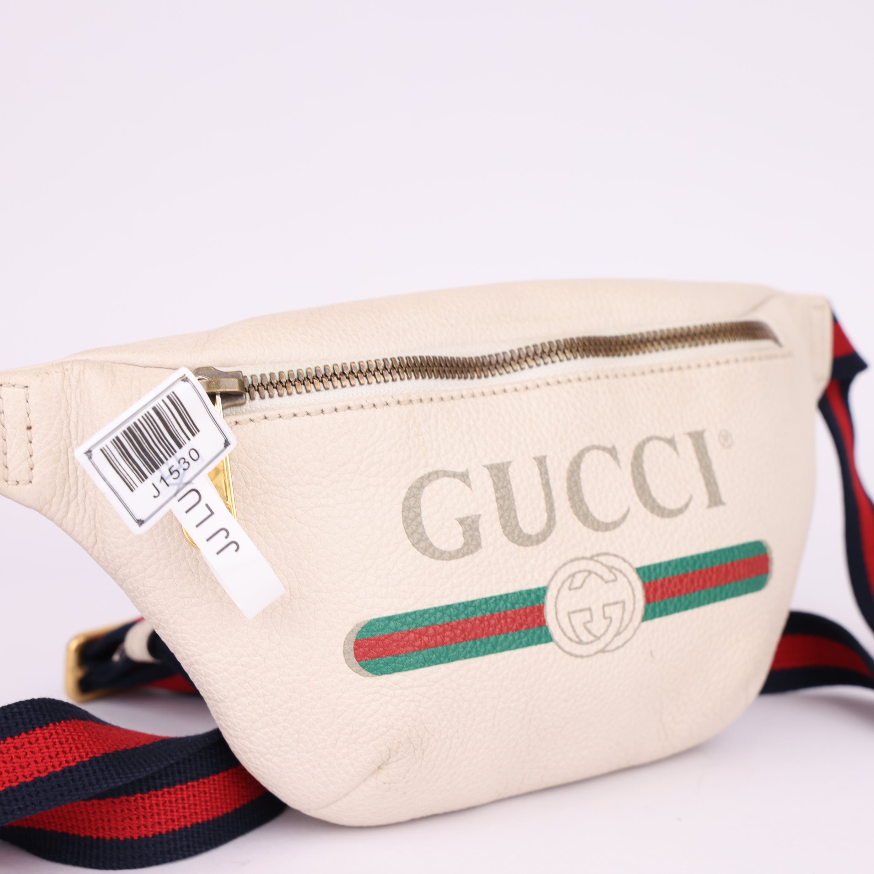 J1530 Gucci Print Belt Bag Vintage Logo Small White in Leather- Pre Owned