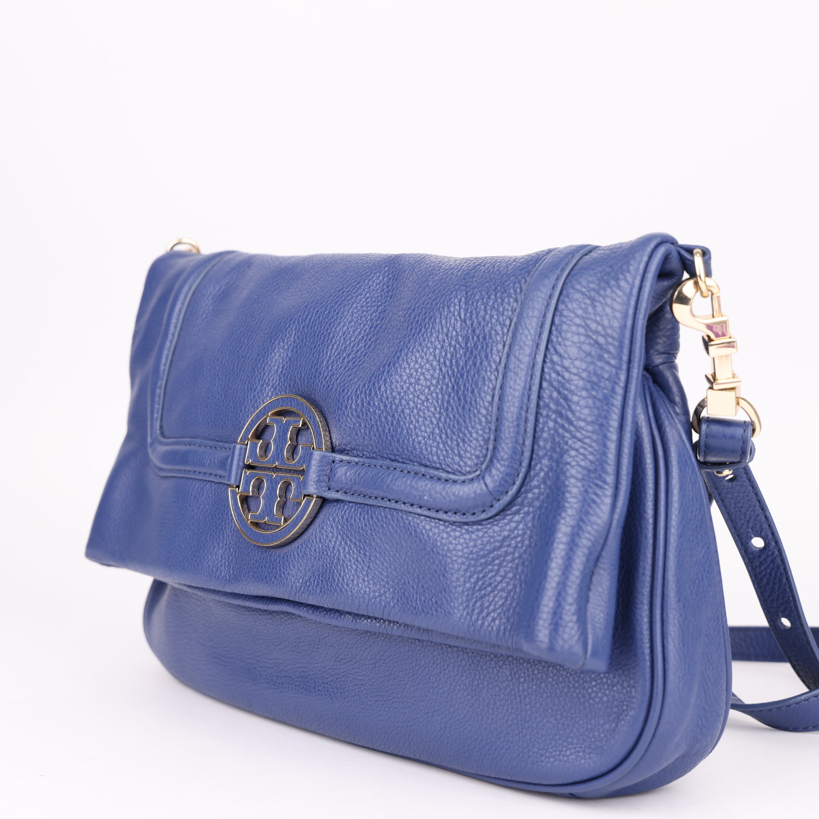 J1527 Tory Burch Navy Leather Amanda Foldover Bag- Pre Owned