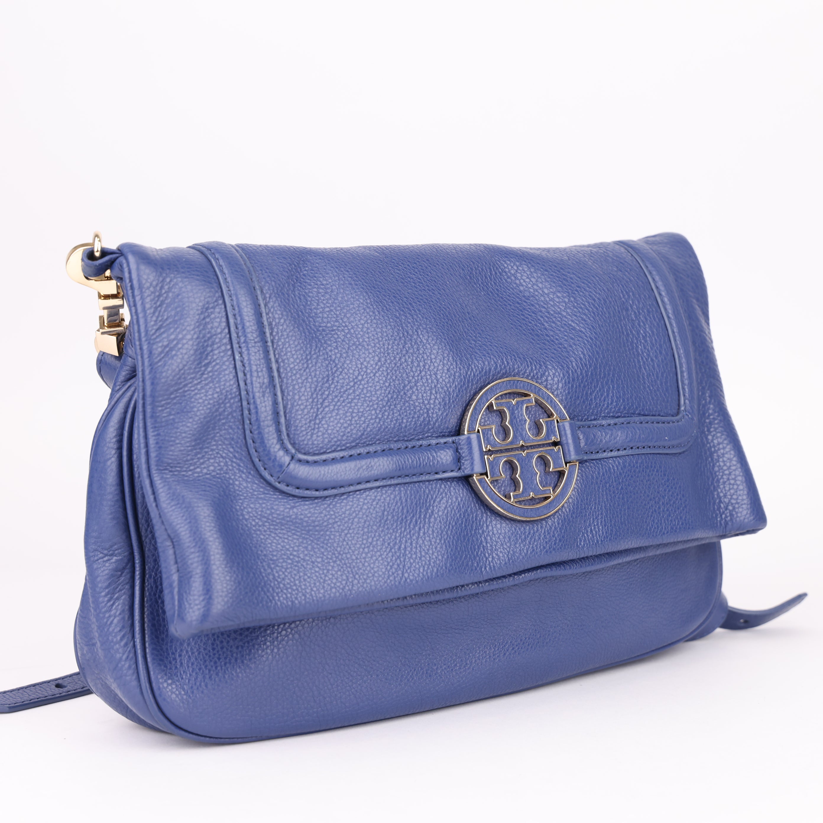 J1527 Tory Burch Navy Leather Amanda Foldover Bag- Pre Owned