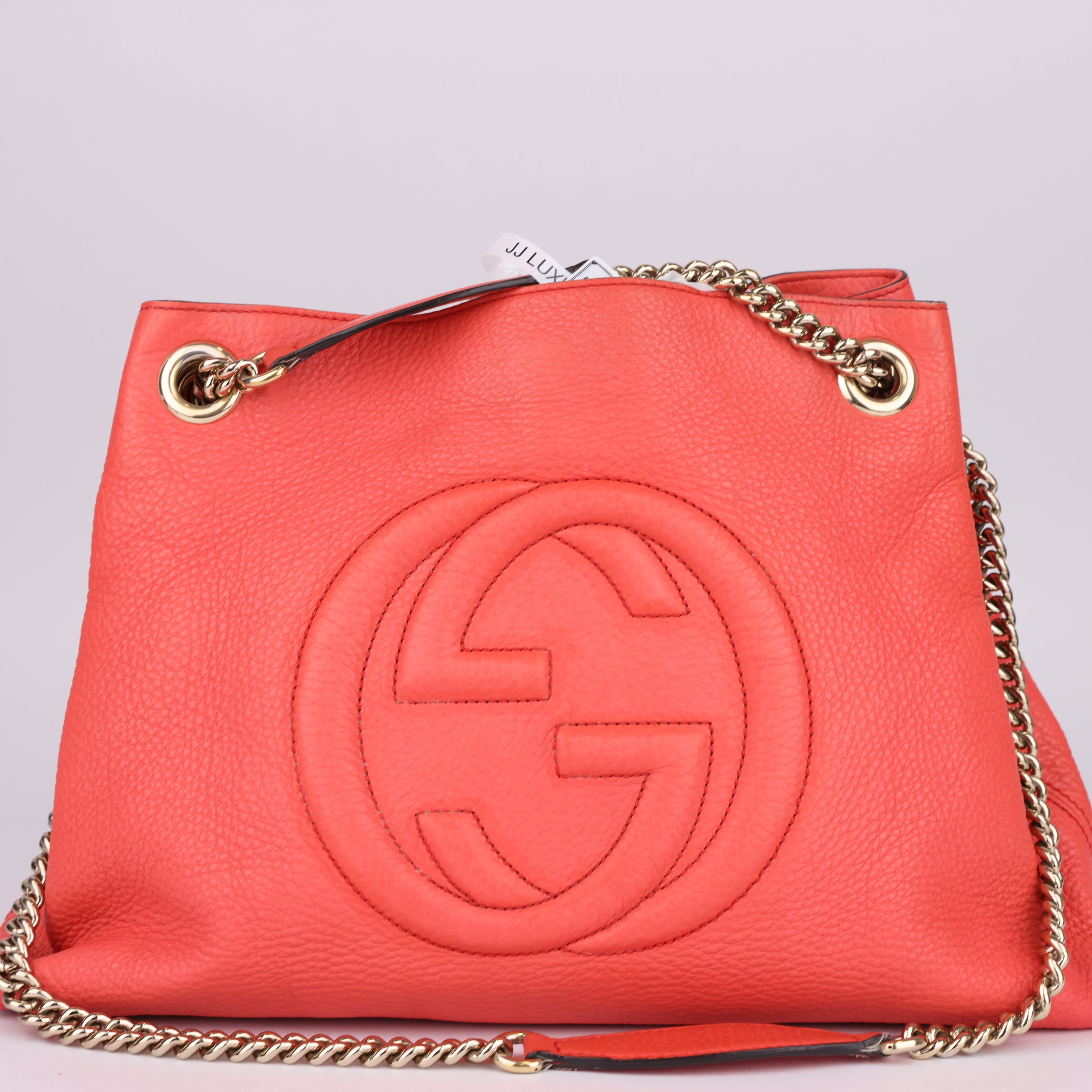 J1528 Gucci Tomato Pink-Red Fringe Tassel Soho Chain Tote- Pre Owned