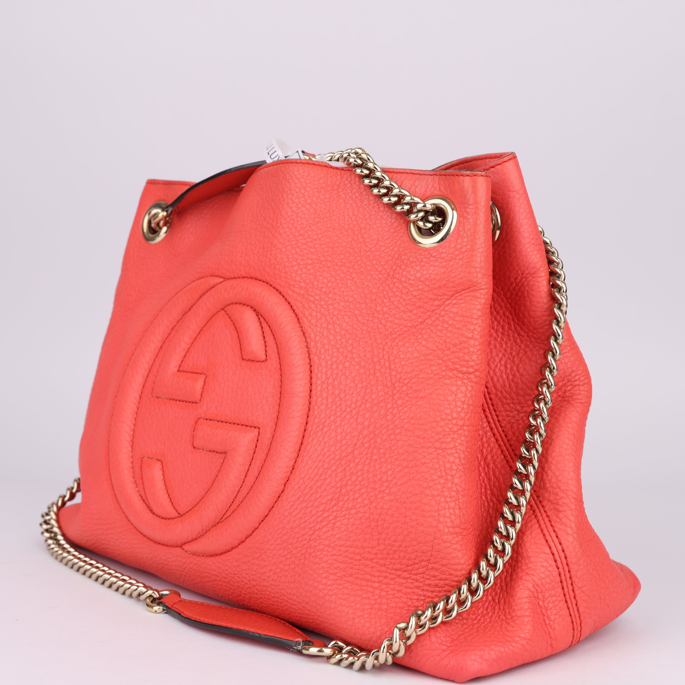 J1528 Gucci Tomato Pink-Red Fringe Tassel Soho Chain Tote- Pre Owned