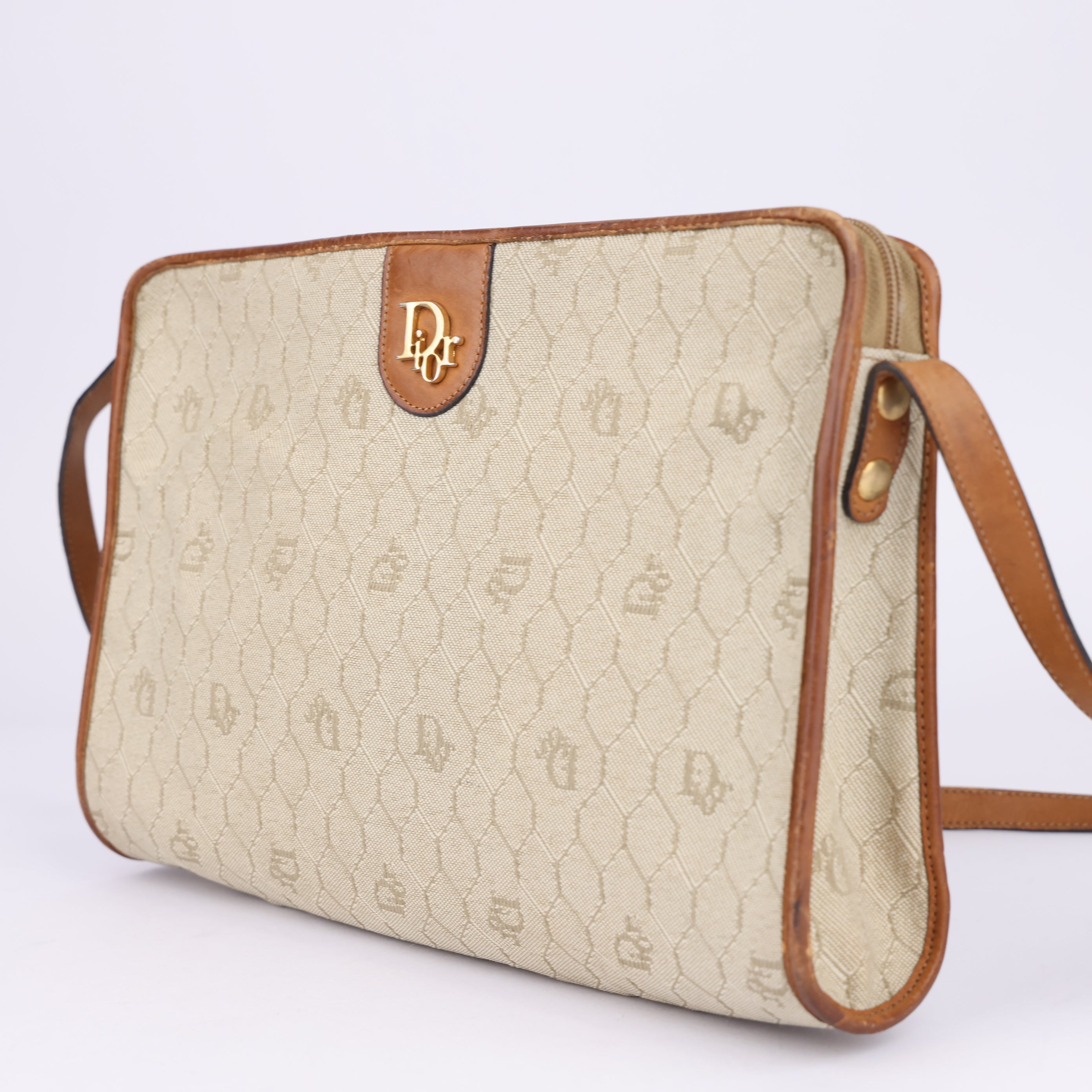 J1540 Dior Honeycomb Beige Canvas Shoulder Bag- Pre Owned