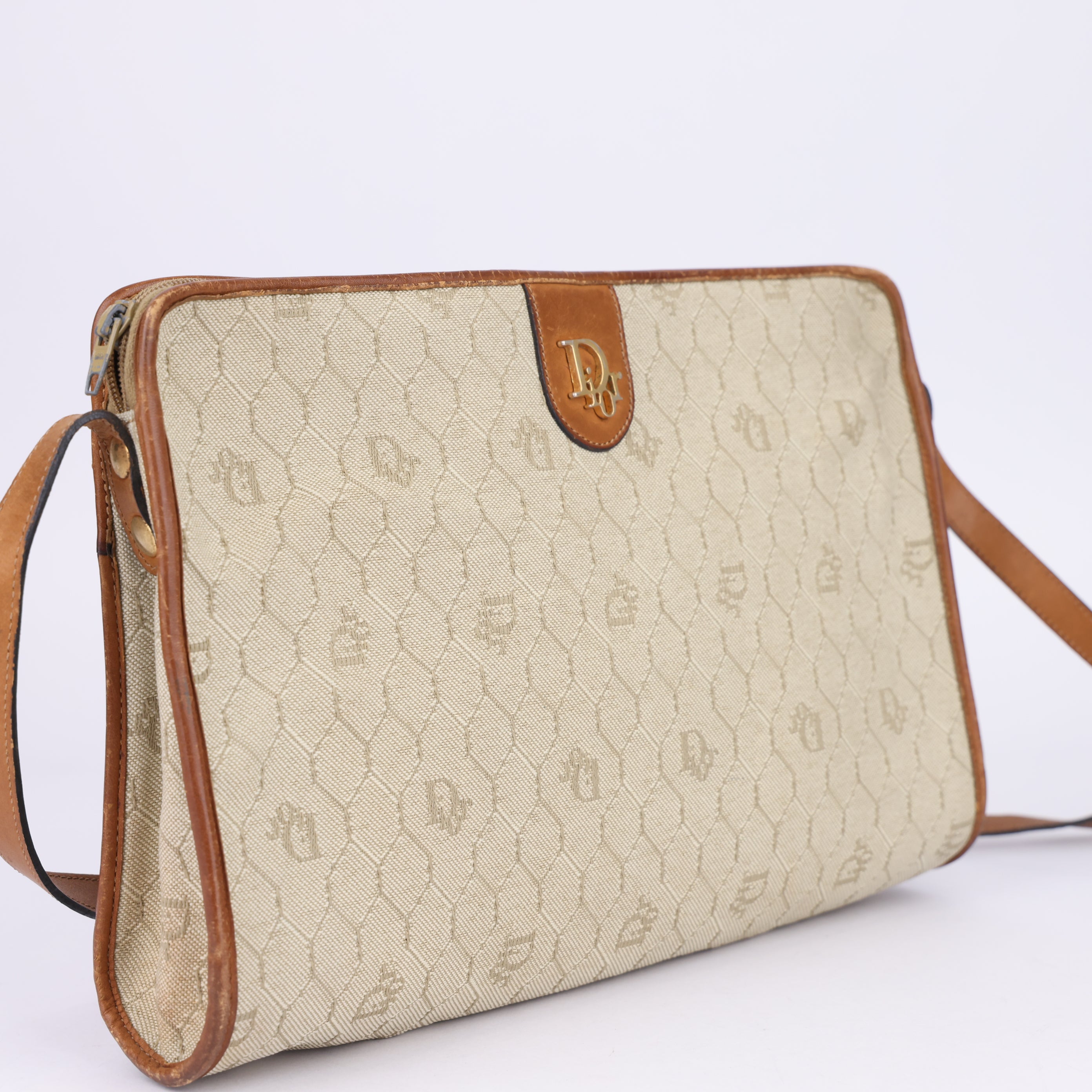 J1540 Dior Honeycomb Beige Canvas Shoulder Bag- Pre Owned