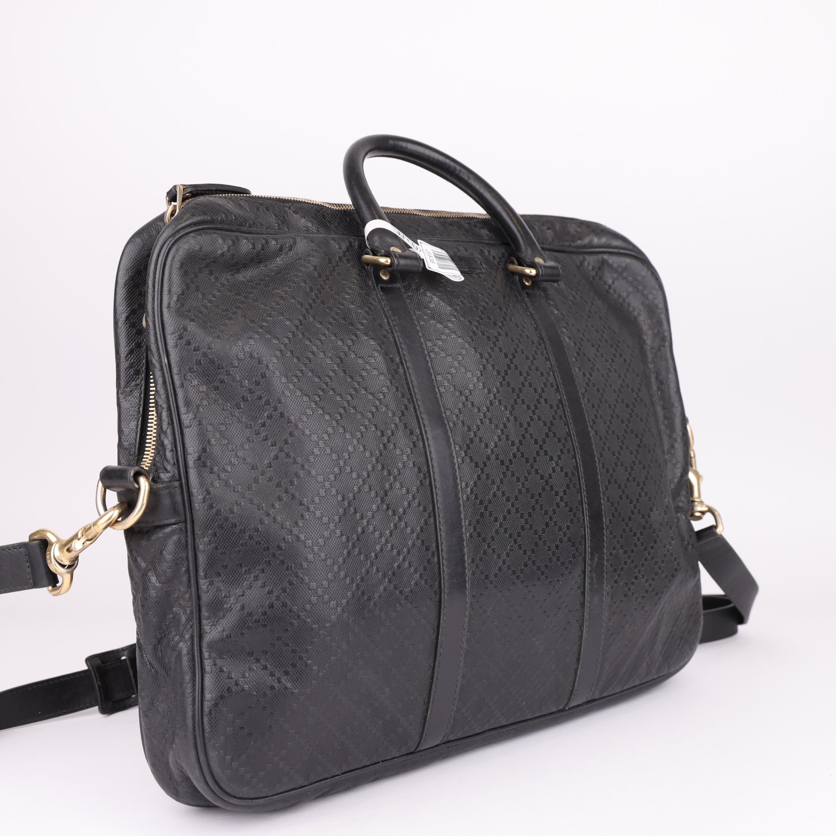 J1536 Gucci Black Diamante Textured Leather Briefcase- Pre Owned
