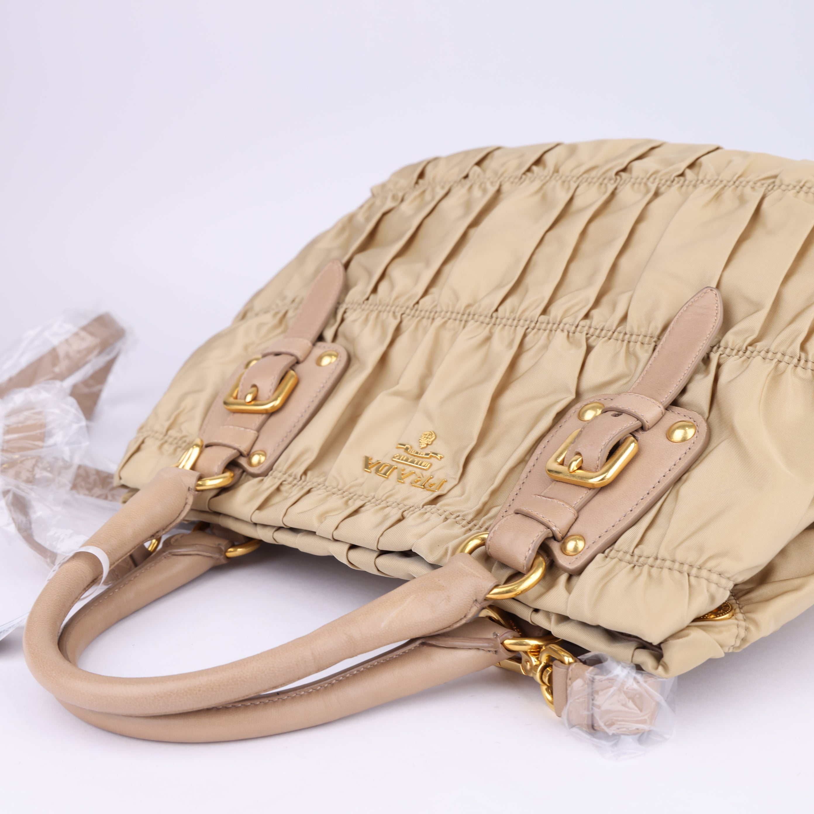 J1525 Prada Nylon Tessuto Beige Gaufre 2Way Shoulder Bag- Pre Owned