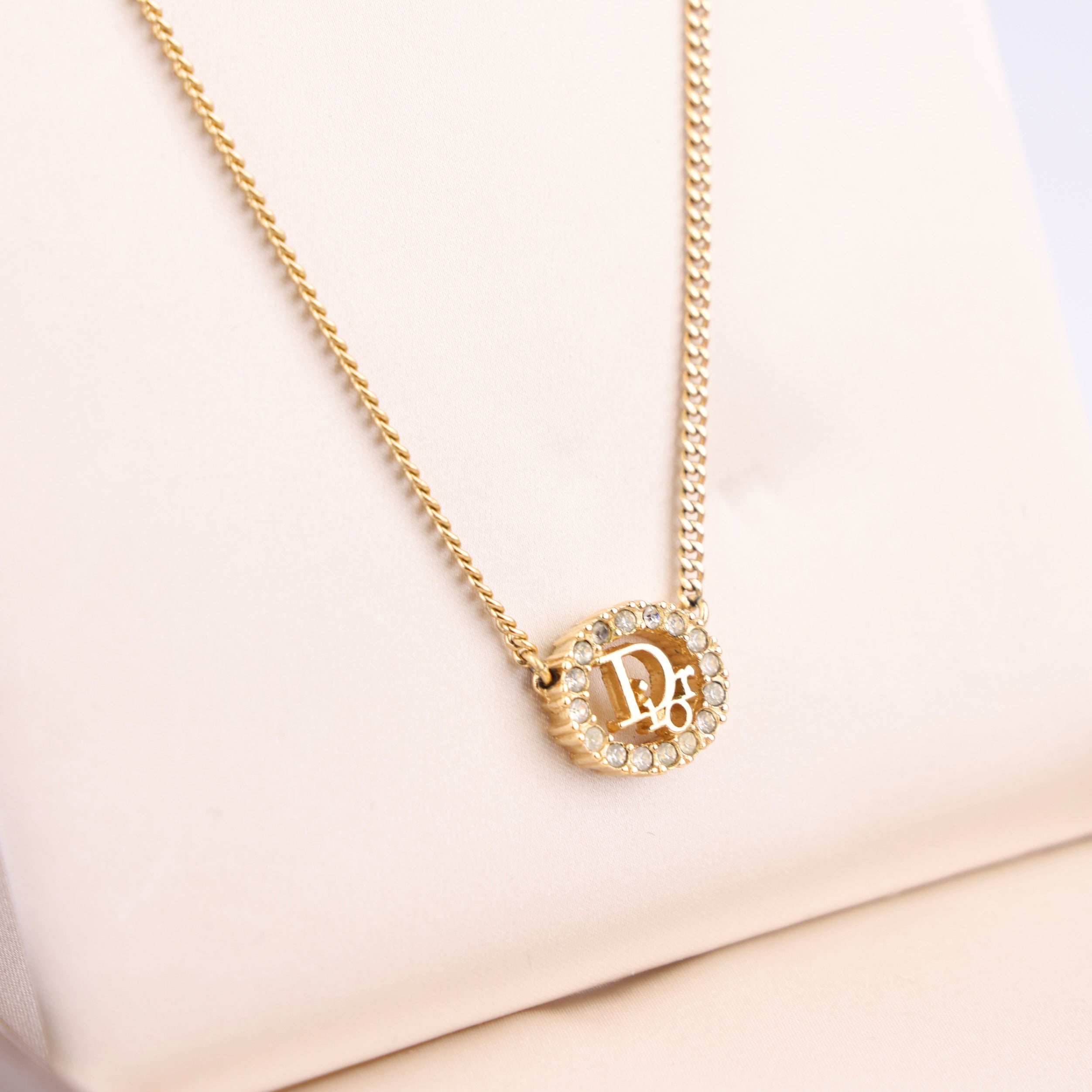 J1520 Christian Dior 1980s rhinestone-embellished logo pendant necklace- Pre Owned