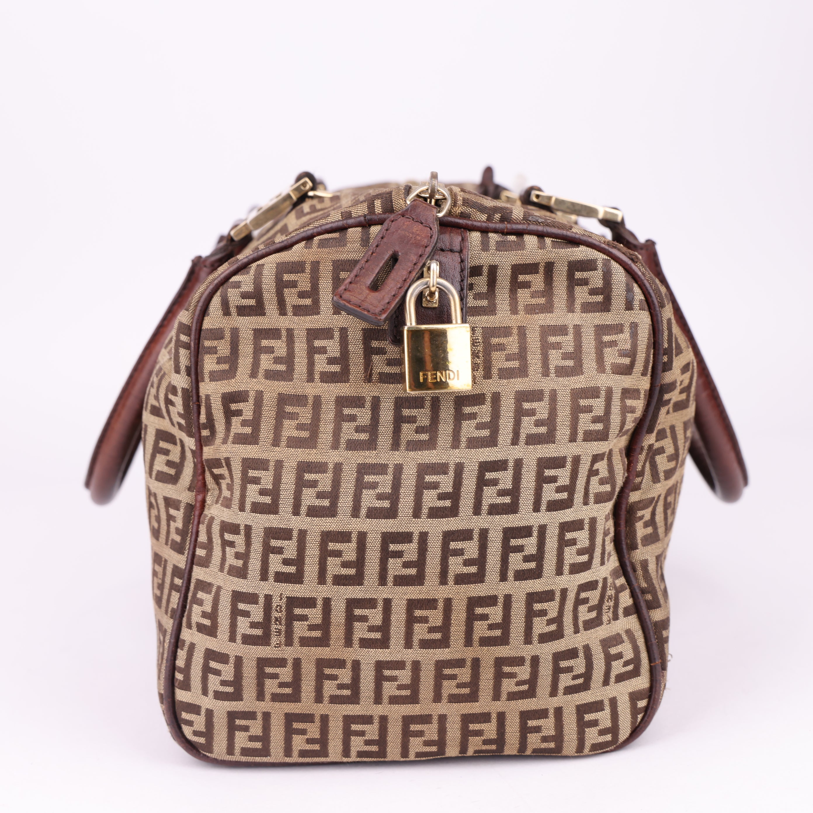 J1477 Fendi Beige Zucchino Canvas Small Boston Bag- Pre Owned