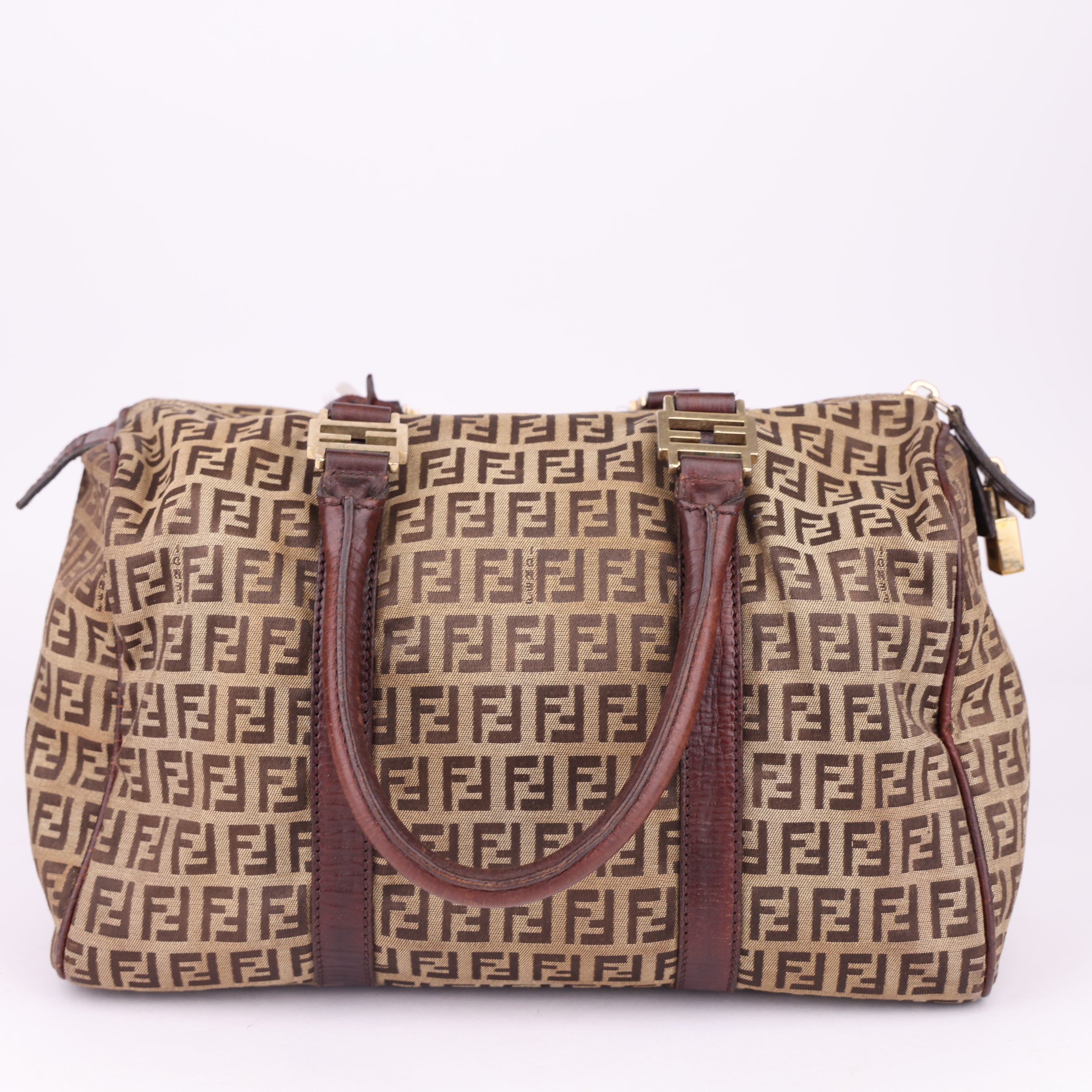 J1477 Fendi Beige Zucchino Canvas Small Boston Bag- Pre Owned