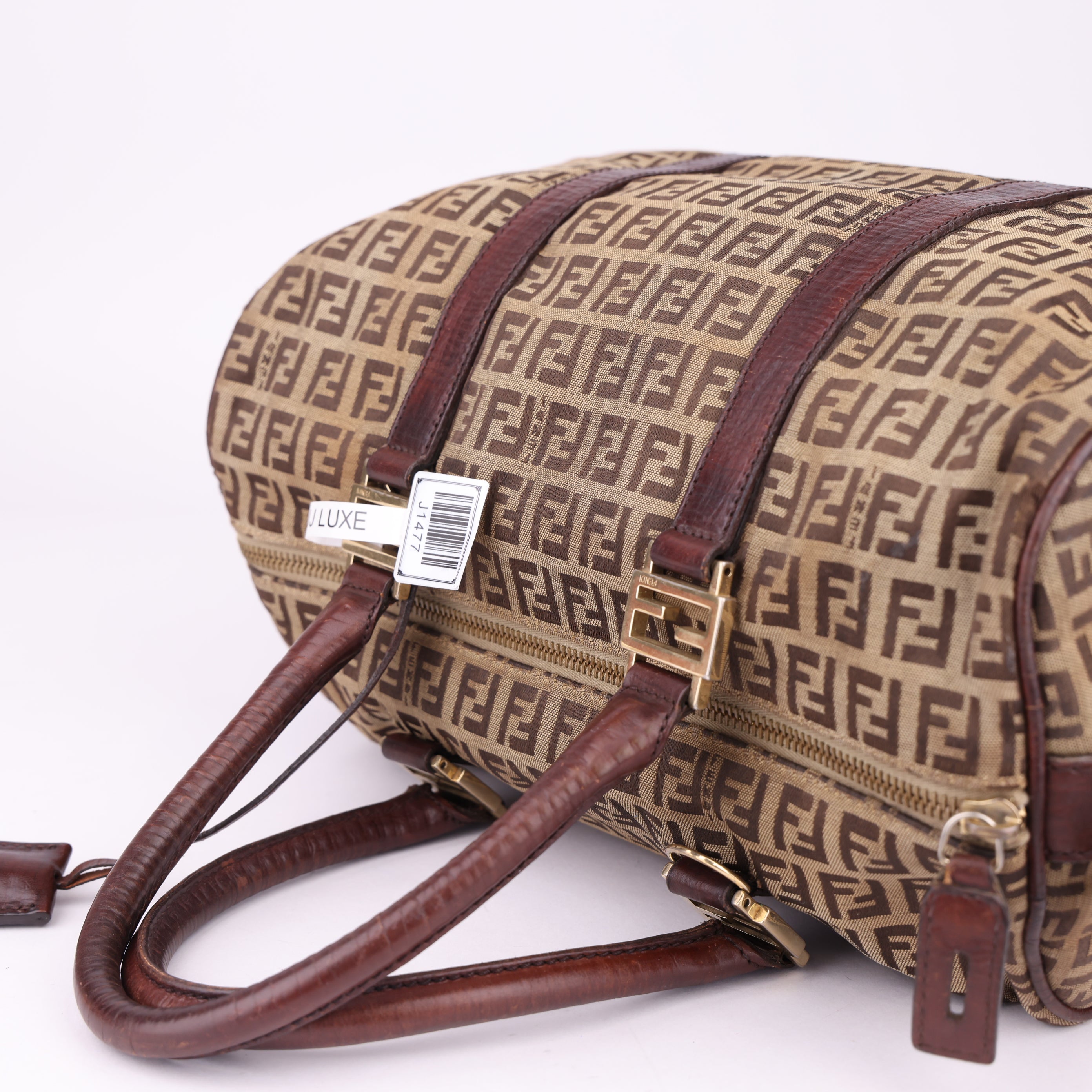 J1477 Fendi Beige Zucchino Canvas Small Boston Bag- Pre Owned