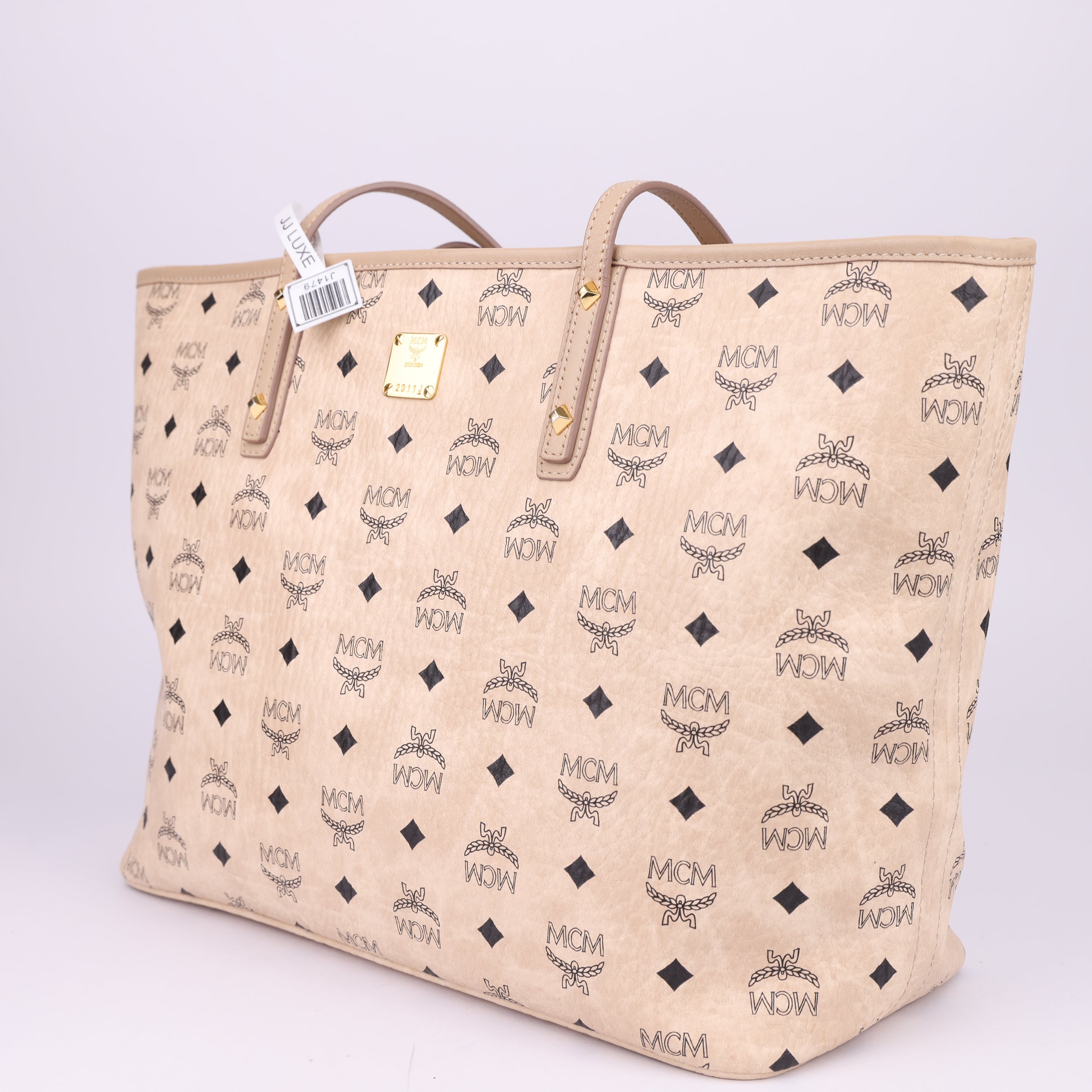 J1479 MCM Anya Top Zip Shopper Visetos Medium Beige- Pre Owned