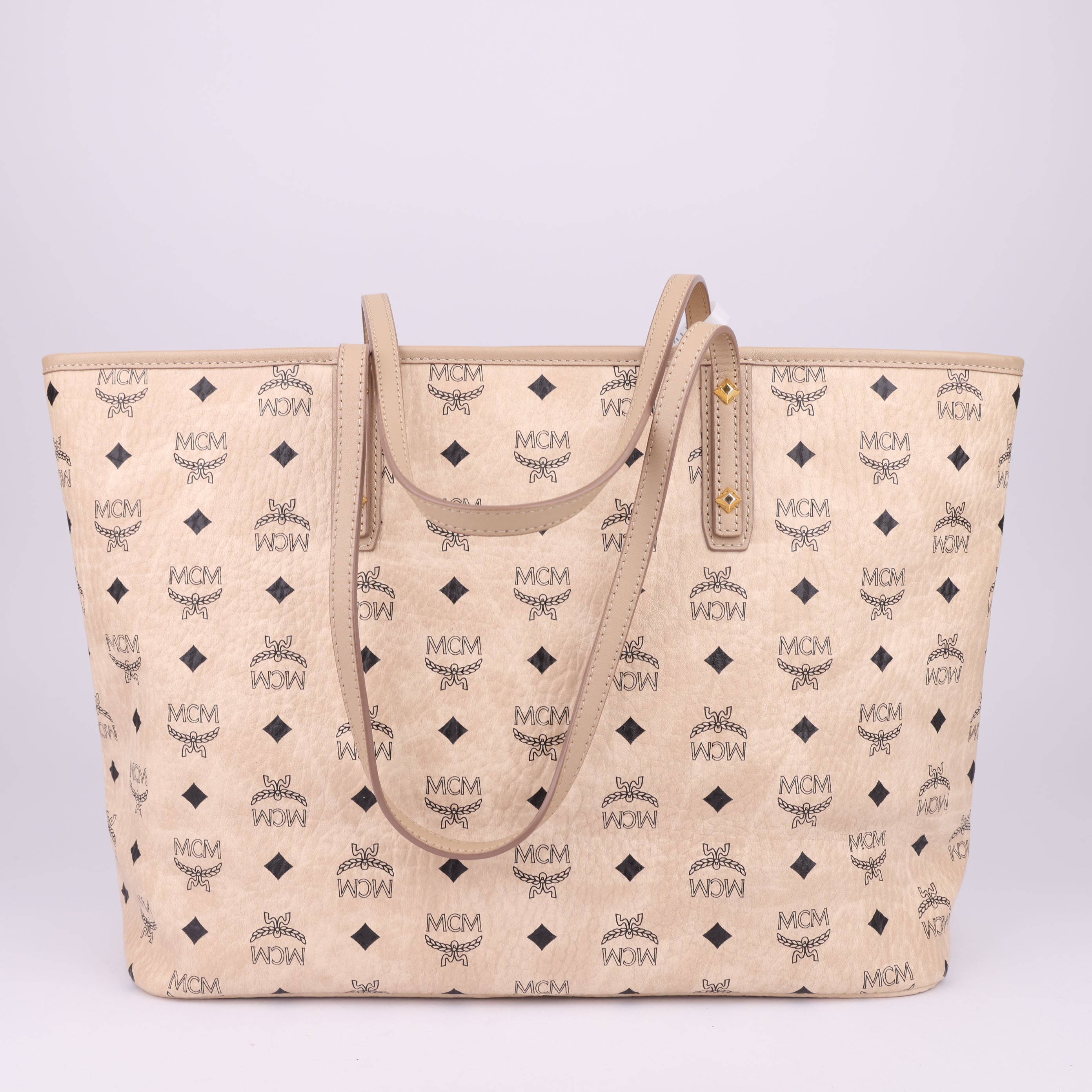 J1479 MCM Anya Top Zip Shopper Visetos Medium Beige- Pre Owned