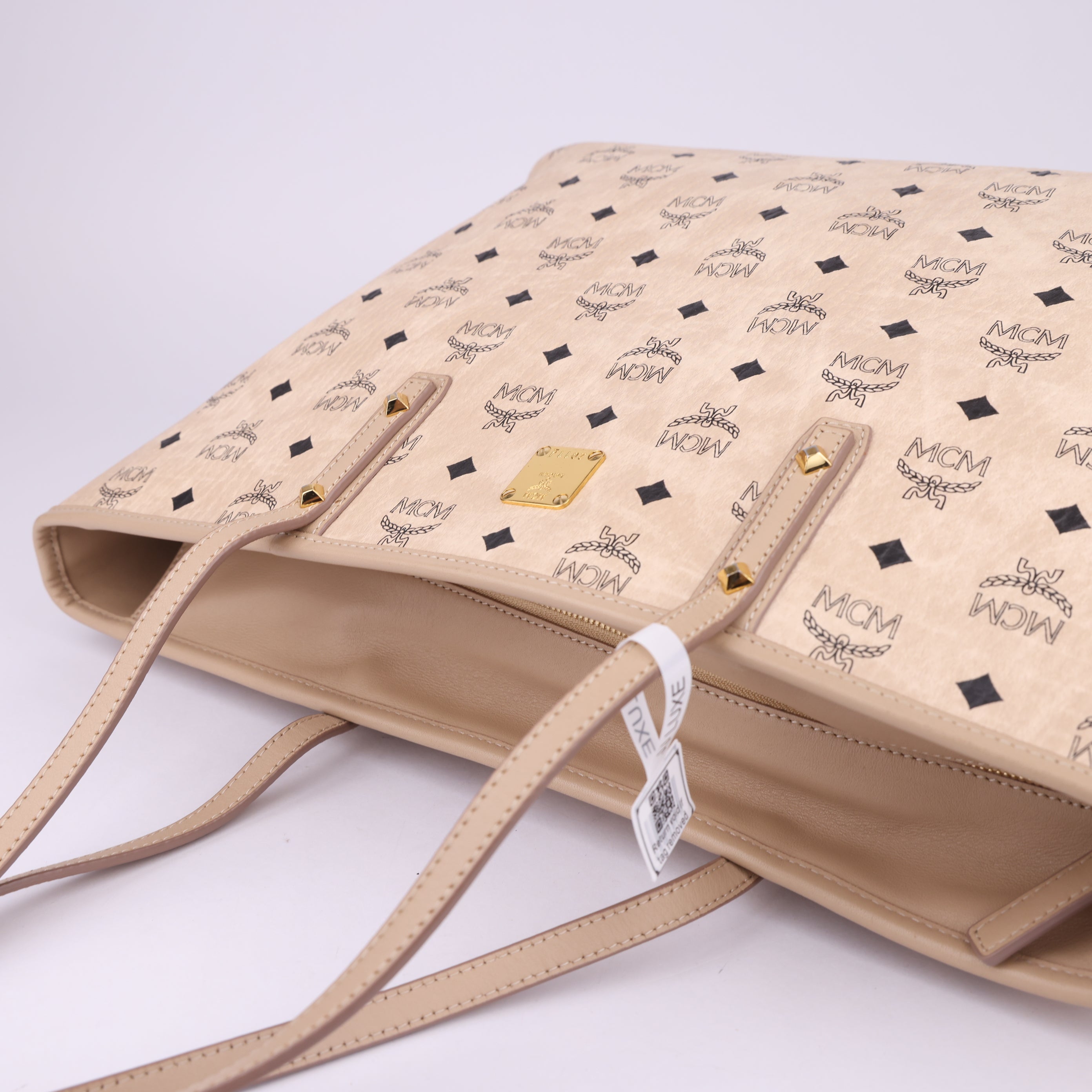 J1479 MCM Anya Top Zip Shopper Visetos Medium Beige- Pre Owned
