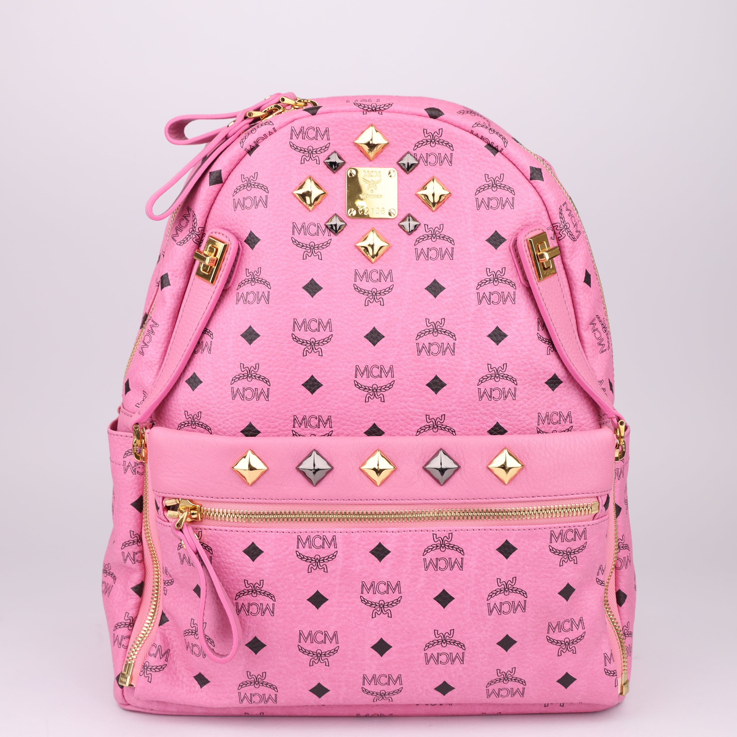 J1496 MCM Pink Visetos Studded Small Dual Stark Backpack- Pre Owned