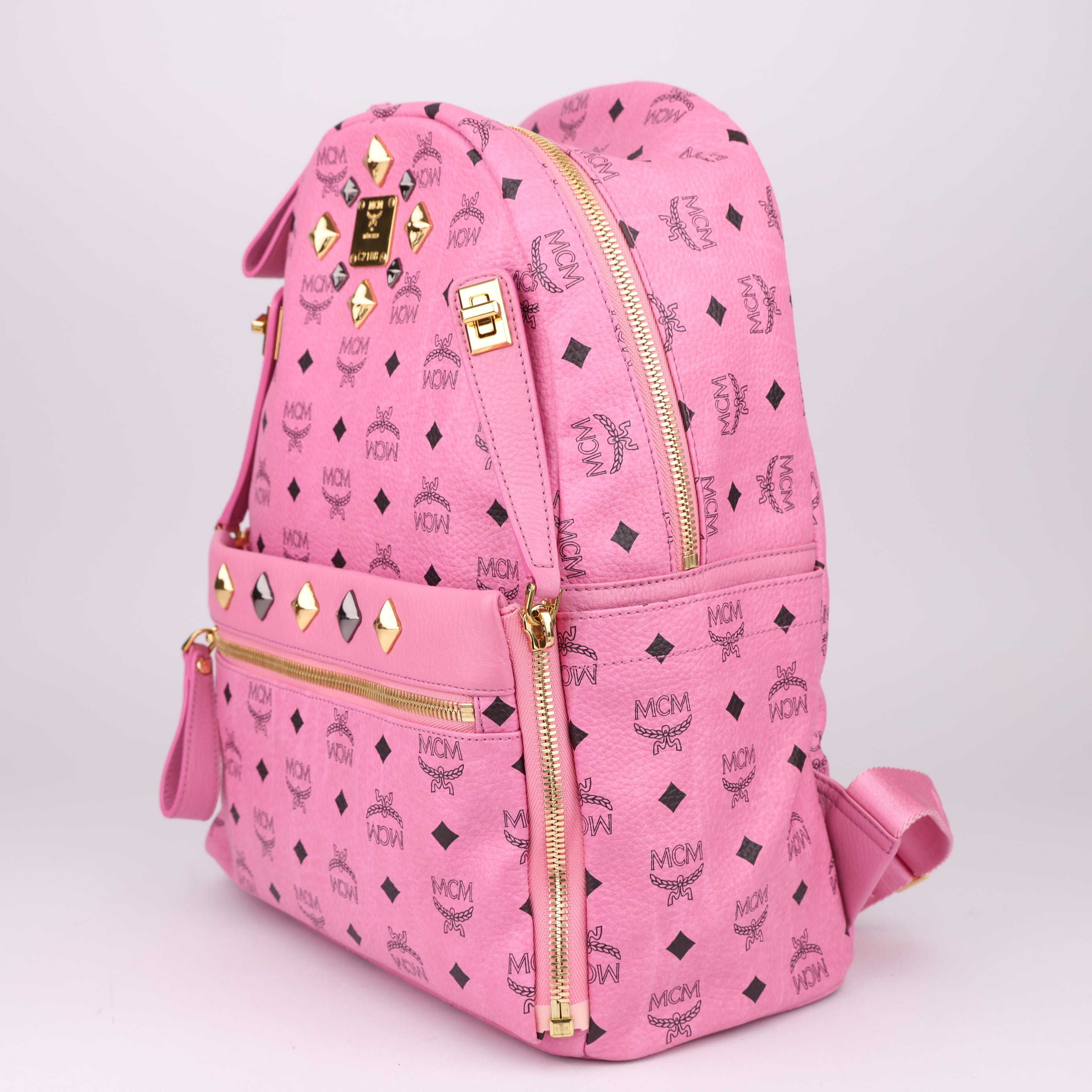 J1496 MCM Pink Visetos Studded Small Dual Stark Backpack- Pre Owned