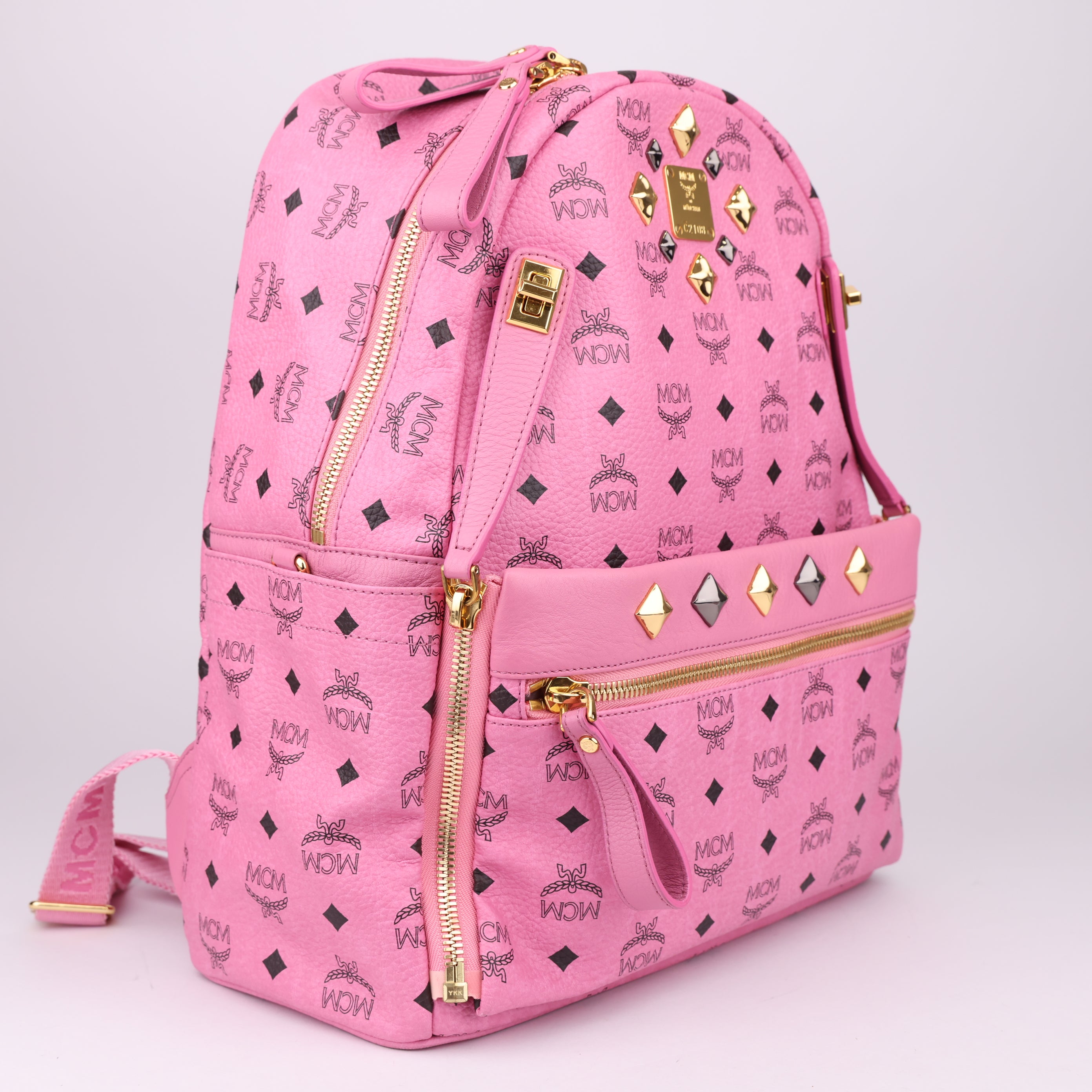 J1496 MCM Pink Visetos Studded Small Dual Stark Backpack- Pre Owned