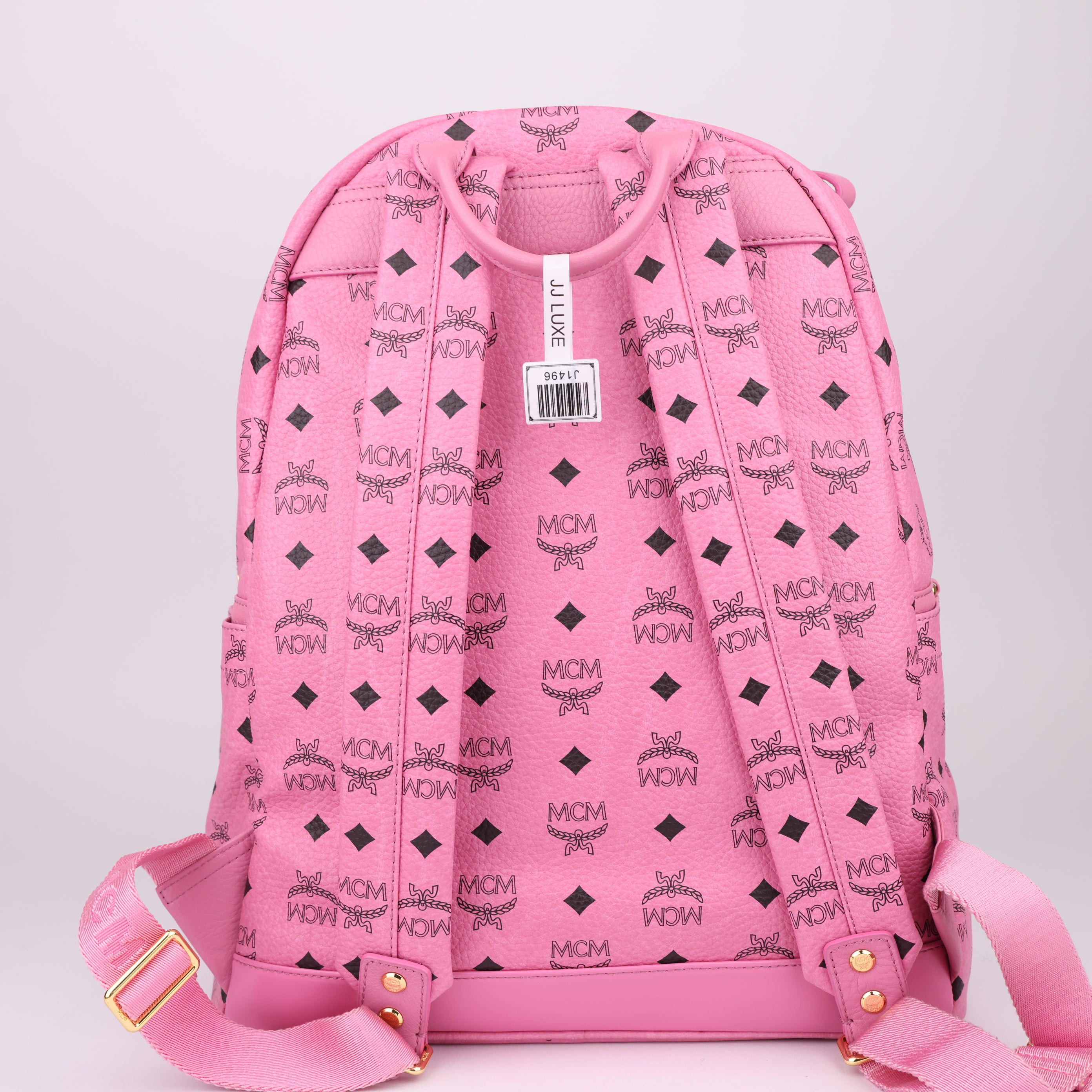J1496 MCM Pink Visetos Studded Small Dual Stark Backpack- Pre Owned