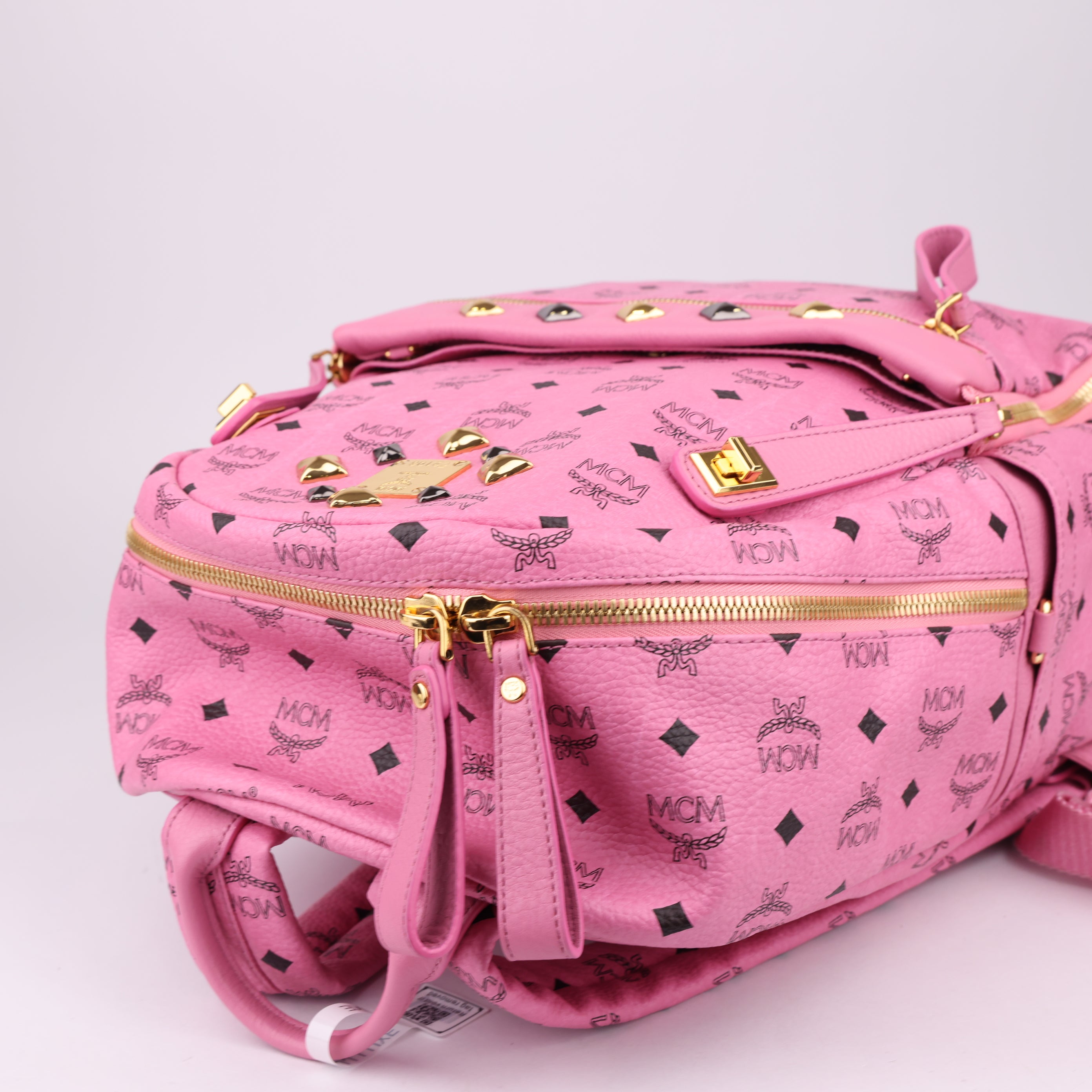 J1496 MCM Pink Visetos Studded Small Dual Stark Backpack- Pre Owned