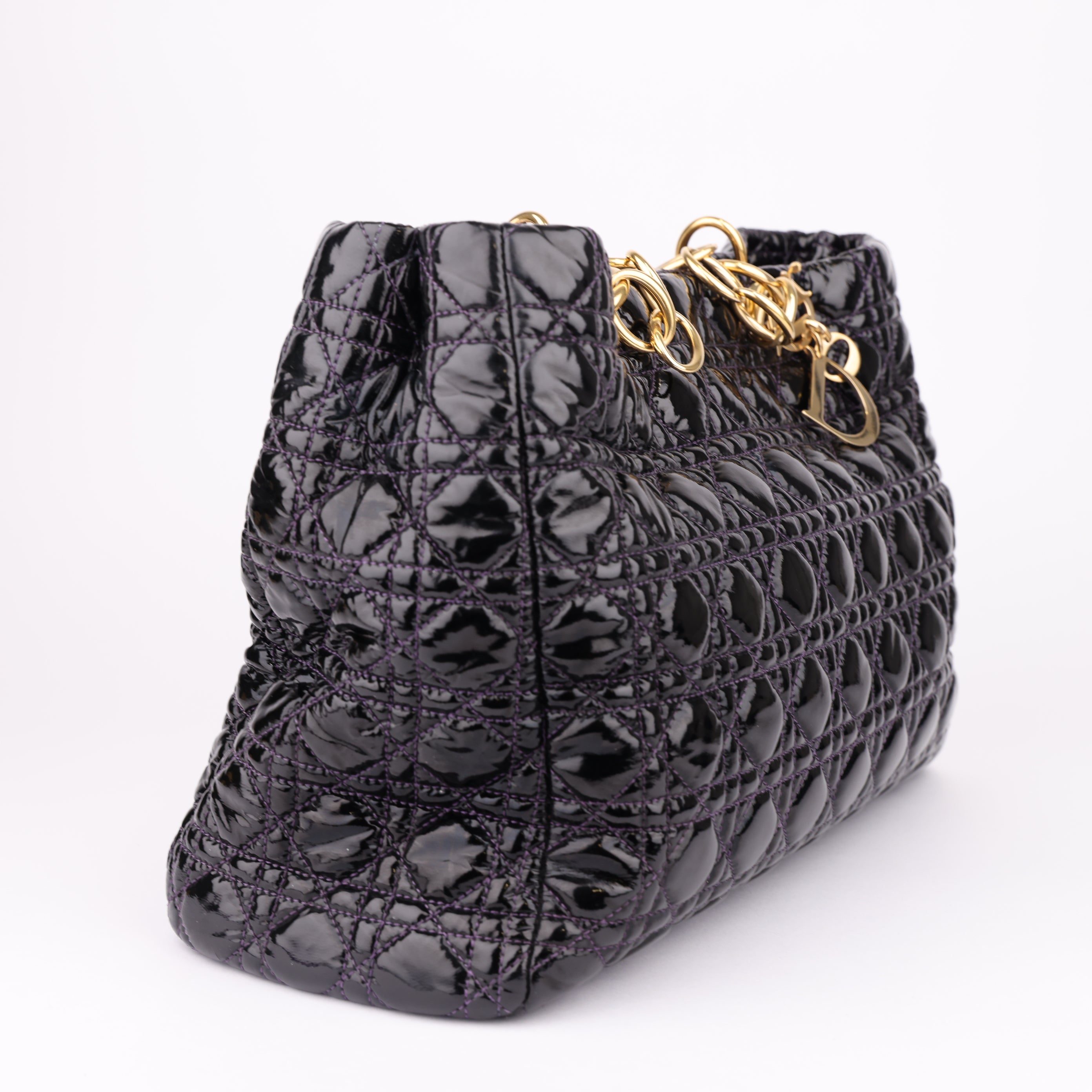 J1492 Christian Dior Black Cannage Quilted Patent Bag- Pre Owned