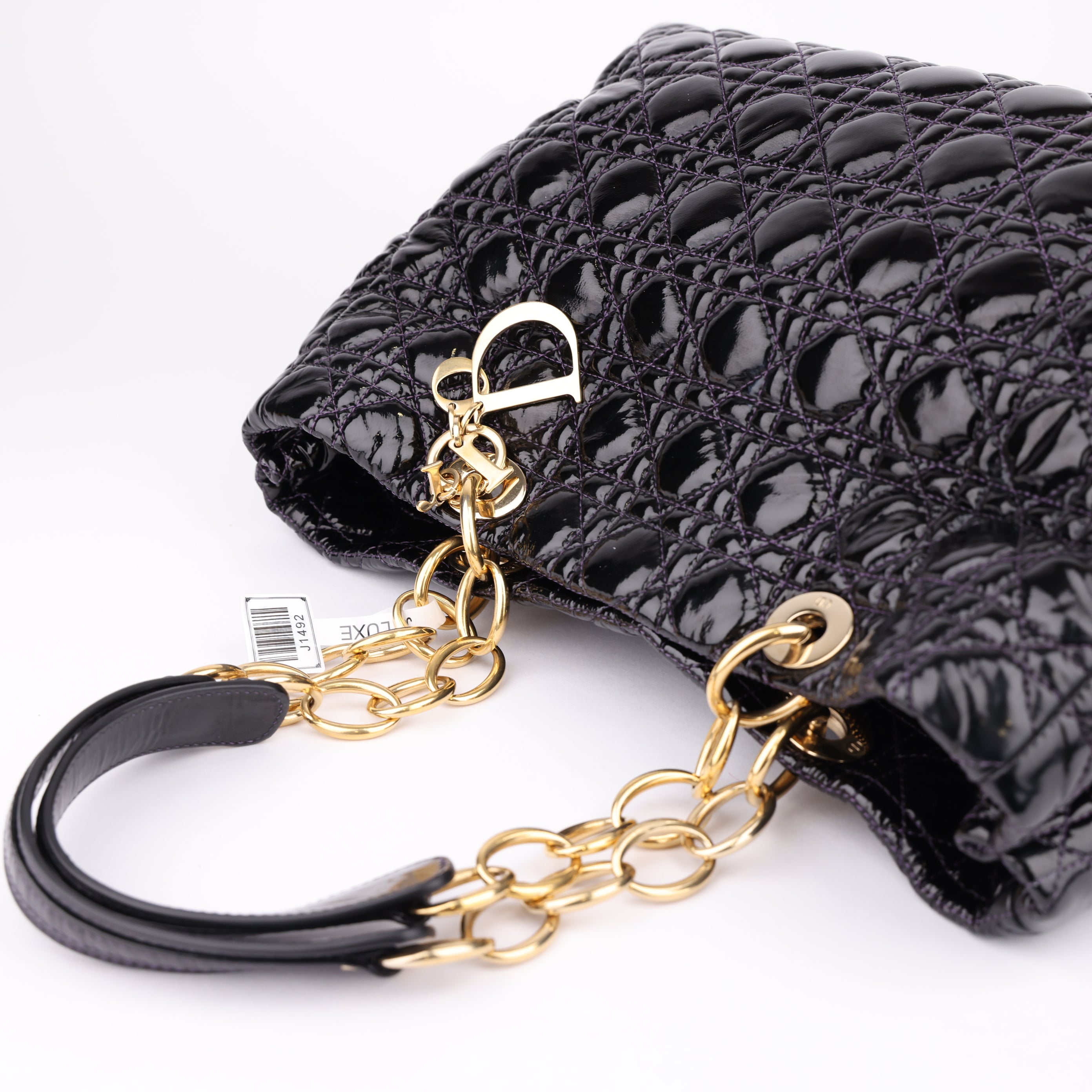 J1492 Christian Dior Black Cannage Quilted Patent Bag- Pre Owned