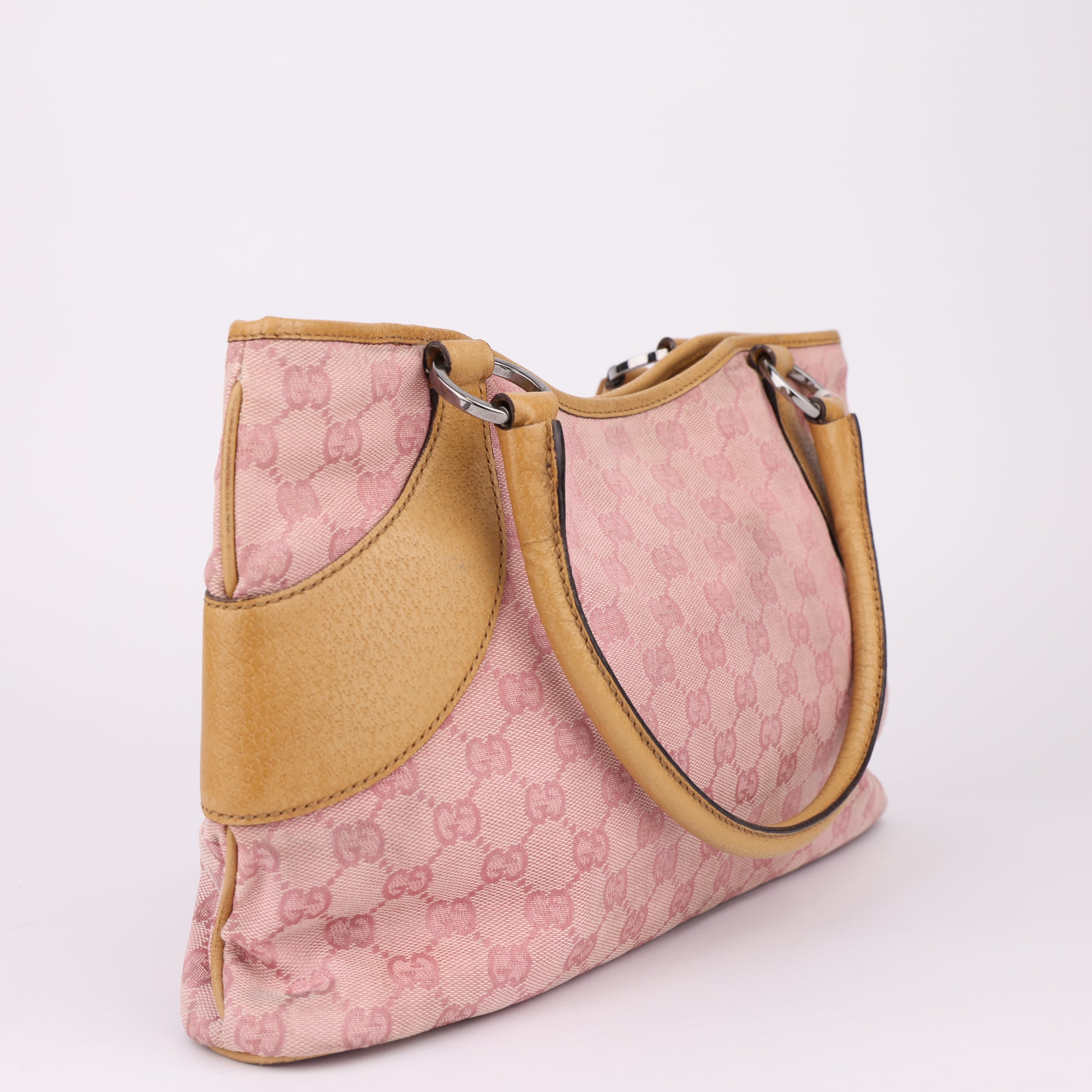 J1456 Gucci Pink GG Canvas Handbag Brown- Pre Owned