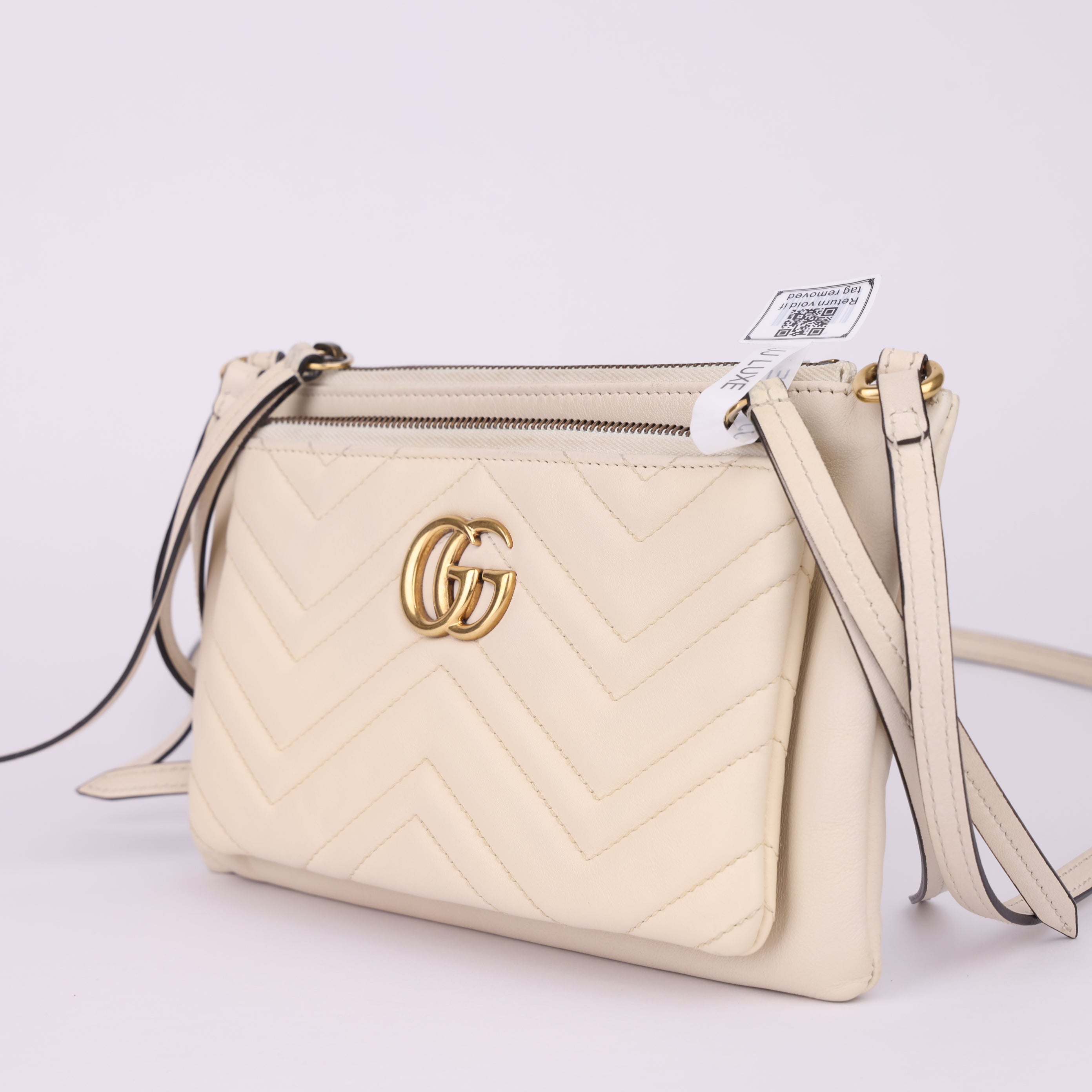J1458 Gucci White Quilted Leather Marmont Double Pouch- Pre Owned