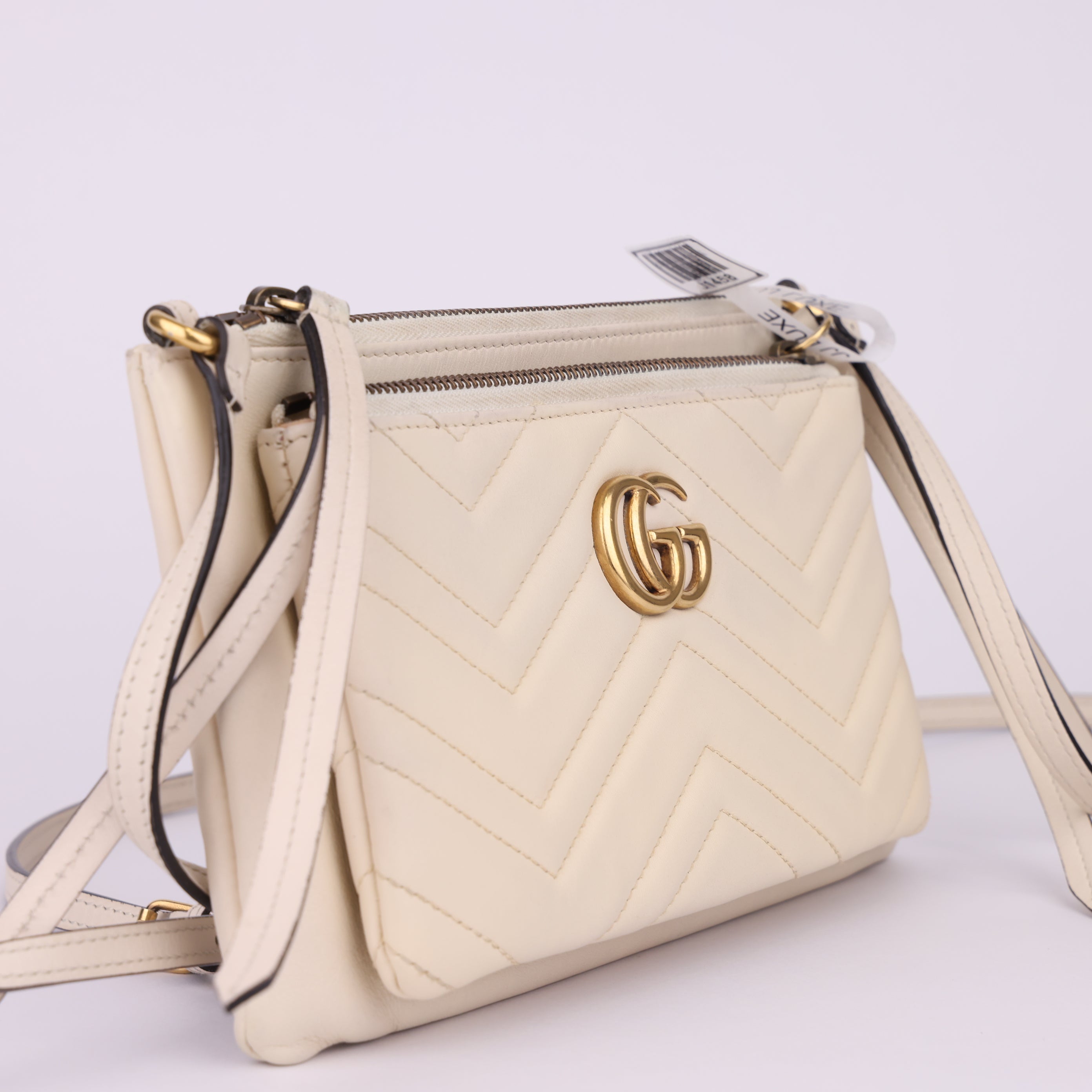 J1458 Gucci White Quilted Leather Marmont Double Pouch- Pre Owned