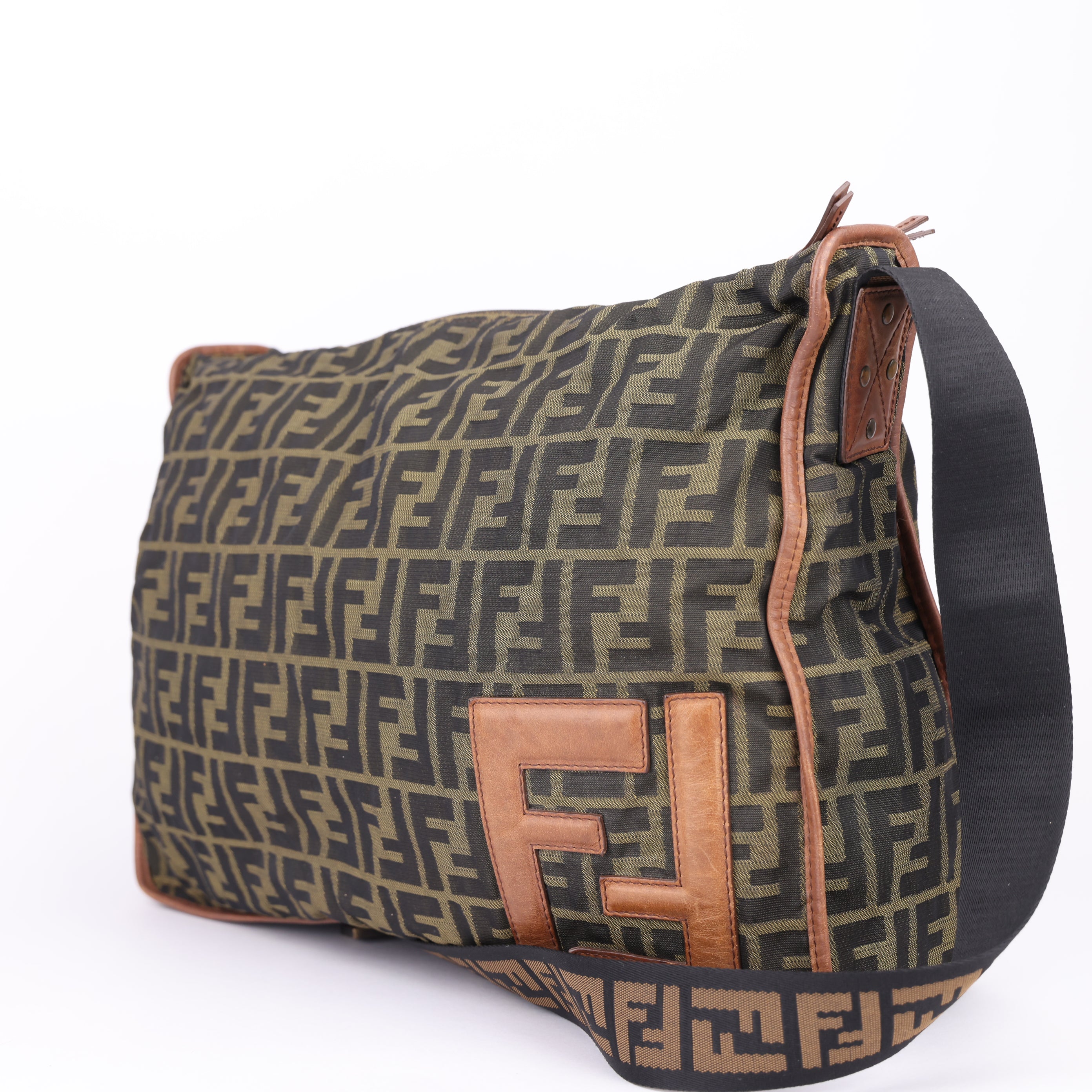 J1454 Fendi Zucca Monogram Canvas Large Messenger Crossbody Bag- Pre Owned