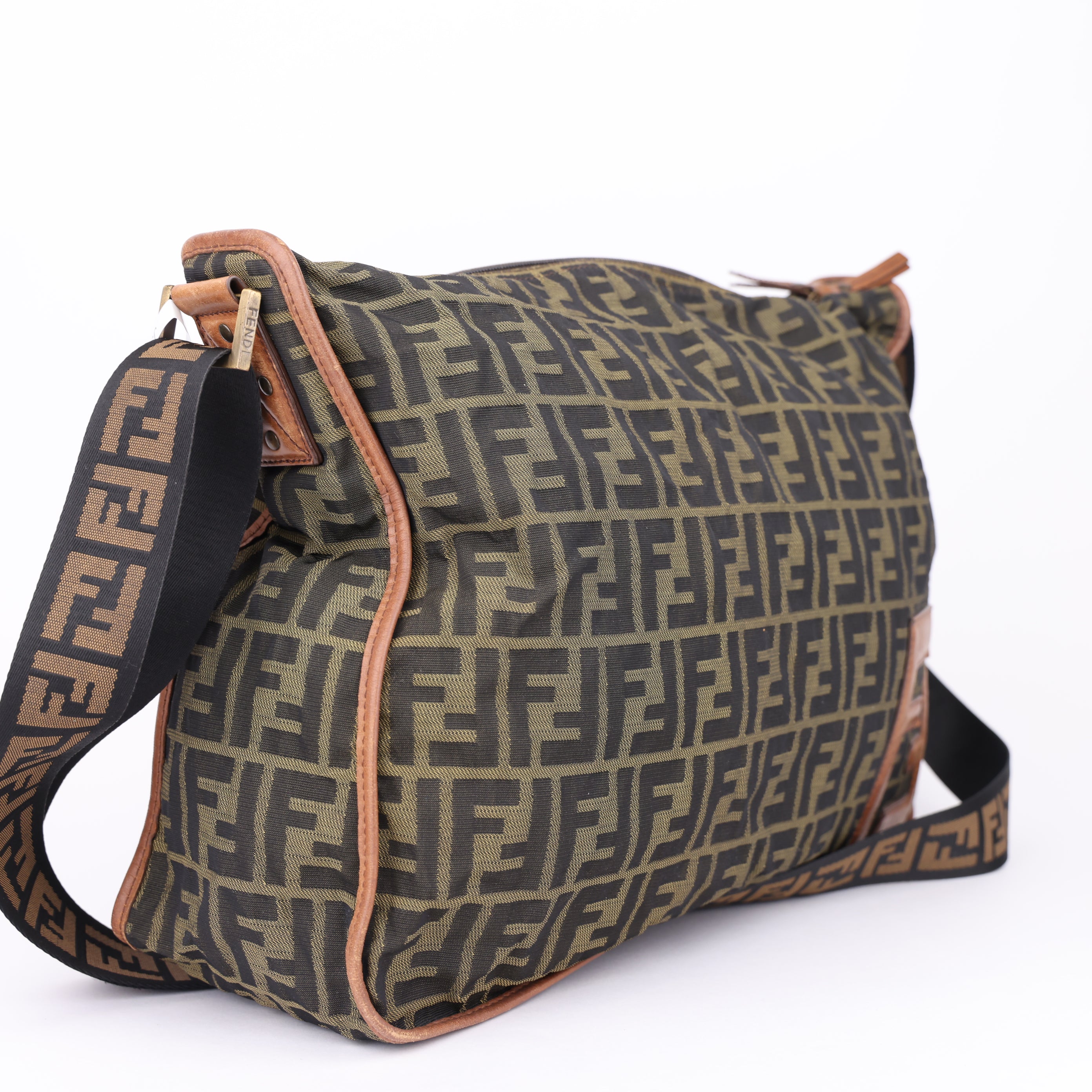 J1454 Fendi Zucca Monogram Canvas Large Messenger Crossbody Bag- Pre Owned
