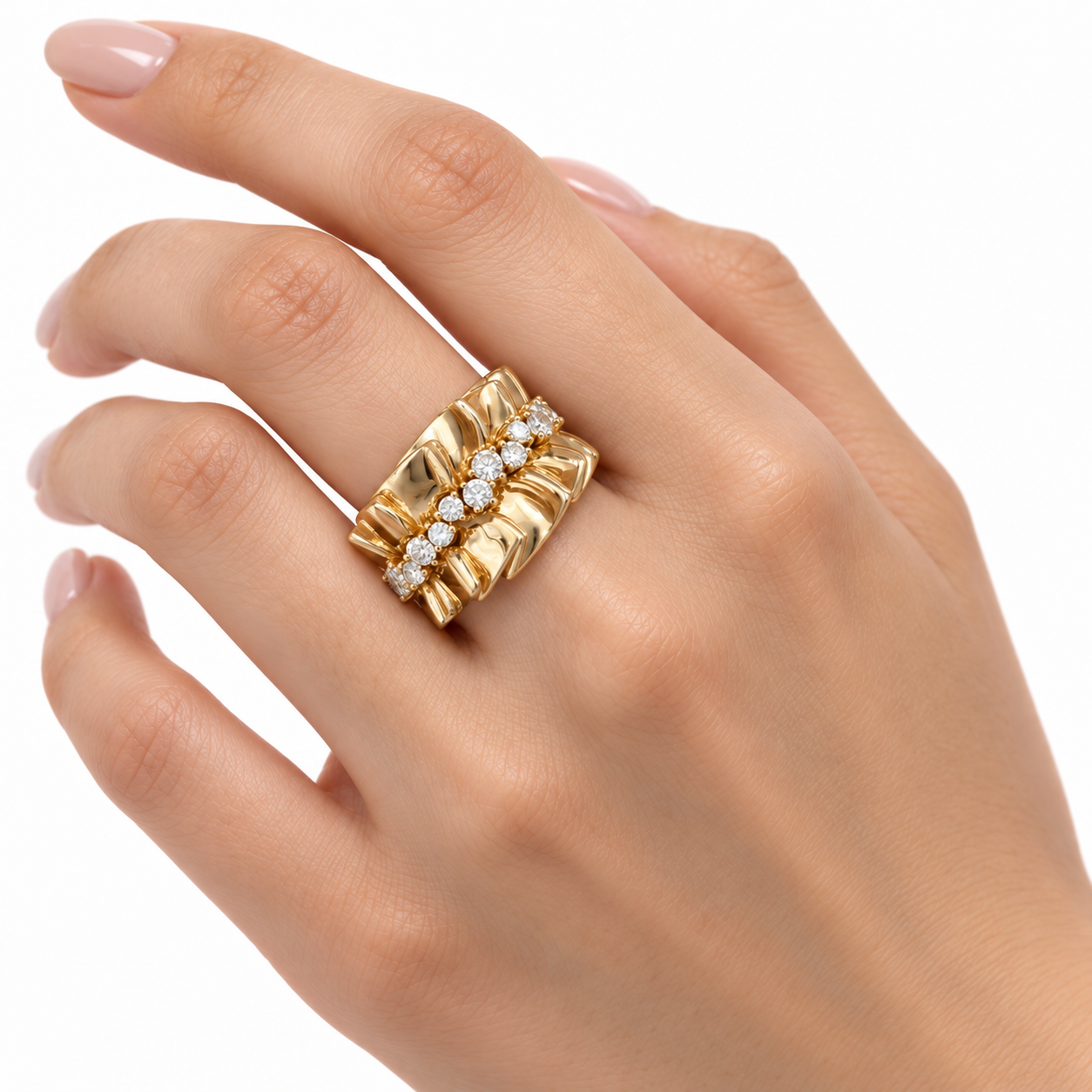 IGI 1.437ct Lab-Grown Round Diamond Cocktail Ring with Sculptural Ribbon-Style Wide Band, 18K Yellow Gold