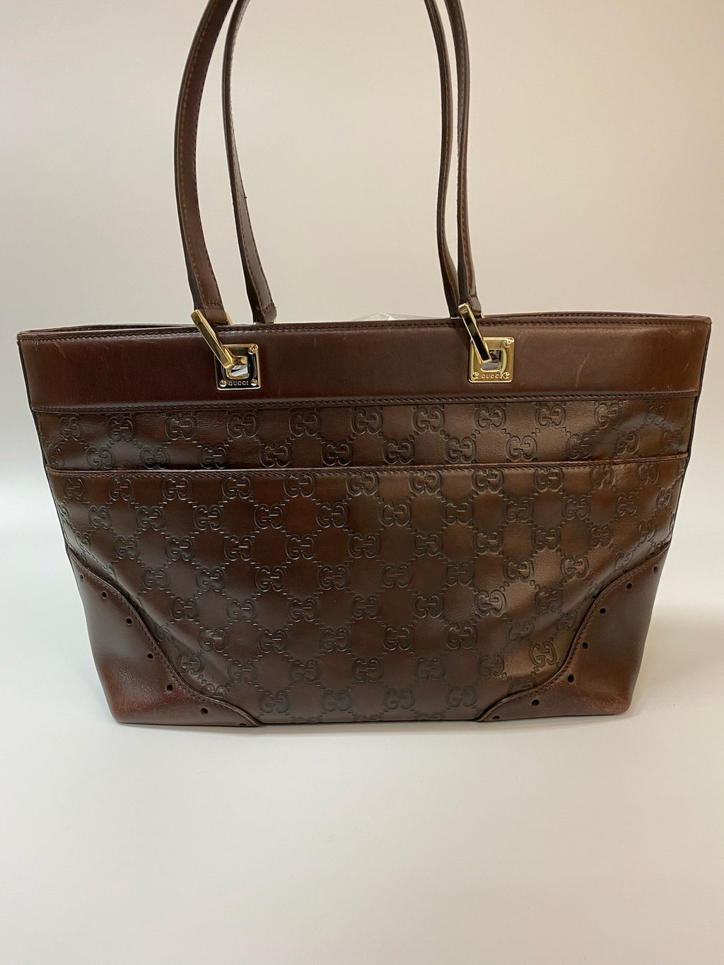J2989 Gucci Tote Bag Guccissima Large Punch Tote Chocolate Brown | Pre-Owned Like New Chocolate Brown Canvas Guccissima