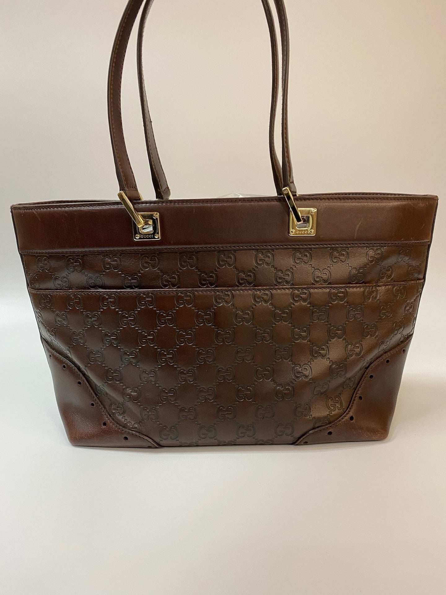 J2989 Gucci Tote Bag Guccissima Large Punch Tote Chocolate Brown | Pre-Owned Like New Chocolate Brown Canvas Guccissima