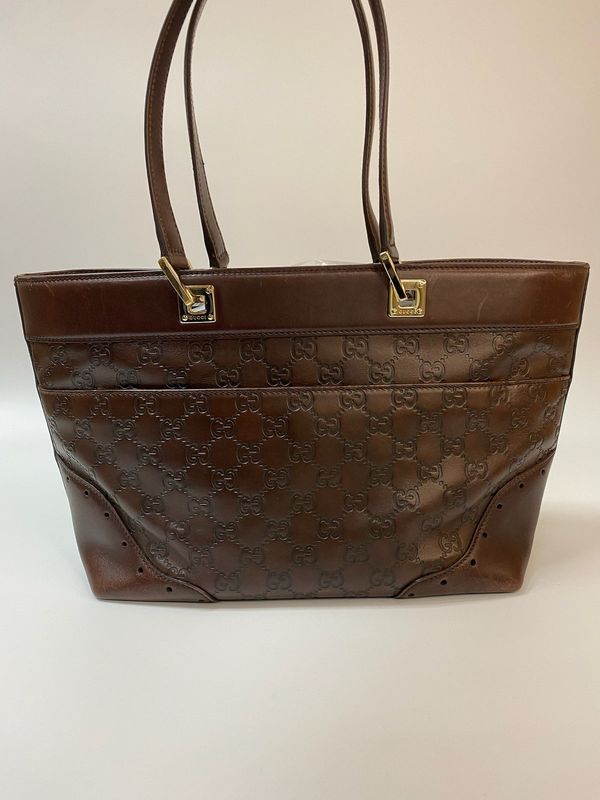 J2989 Gucci Tote Bag Guccissima Large Punch Tote Chocolate Brown | Pre-Owned Like New Chocolate Brown Canvas Guccissima