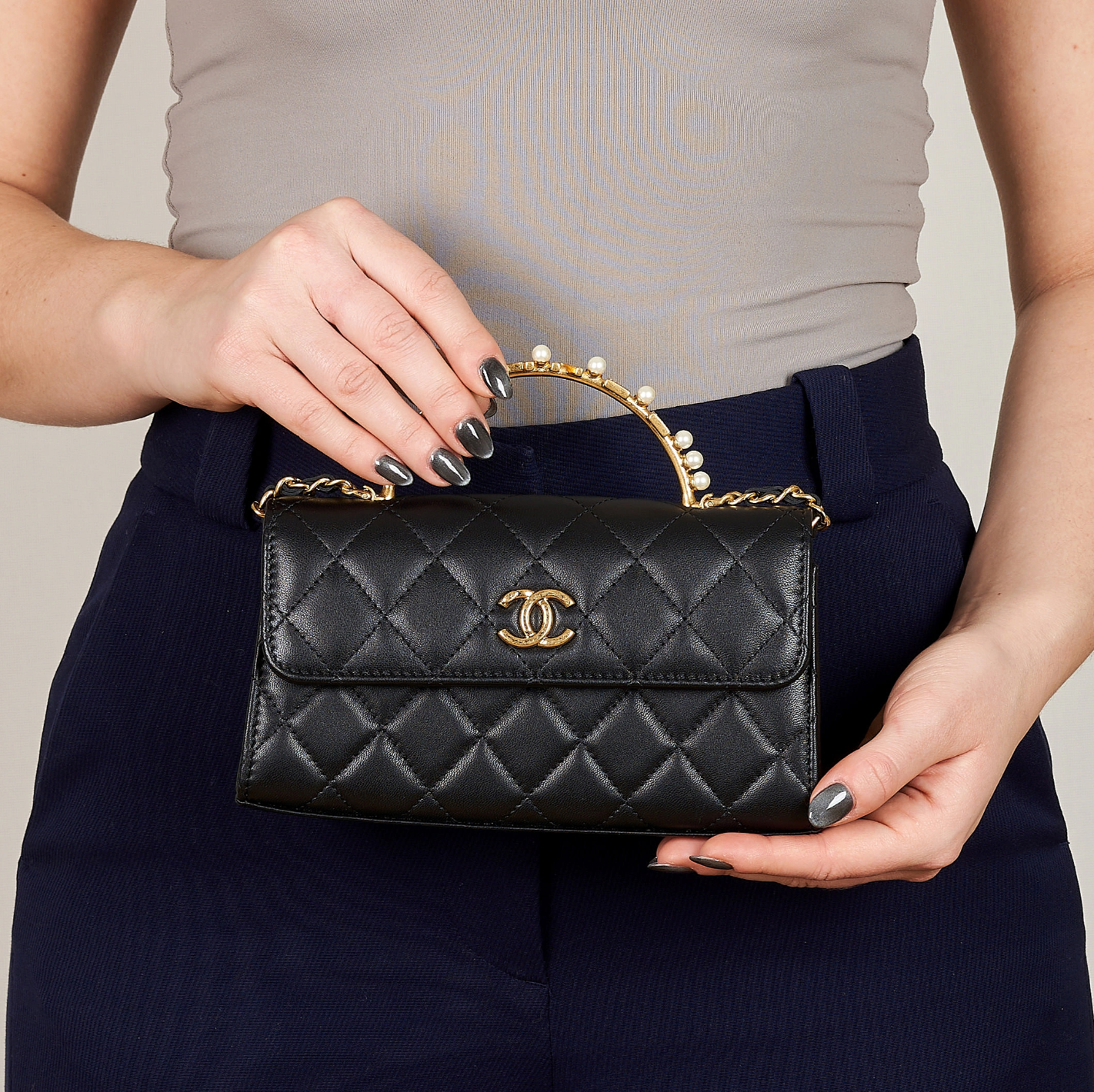 CHANEL LAMBSKIN QUILTED PEARL CRYSTAL TOP HANDLE PHONE HOLDER BAG