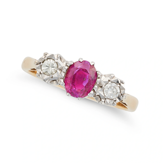 A RUBY AND DIAMOND THREE STONE RING