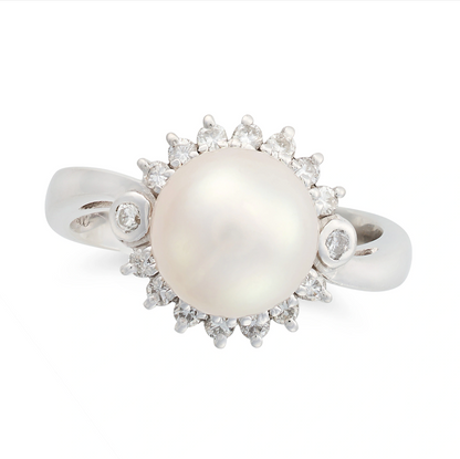 TASAKI, A PEARL AND DIAMOND CLUSTER RING