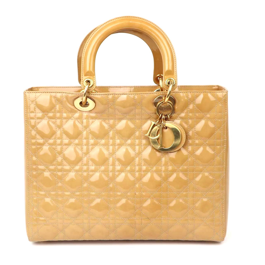 C2068# Christian Dior Beige Cannage Quilted Patent Leather Large Lady Dior Bag-Pre Owned