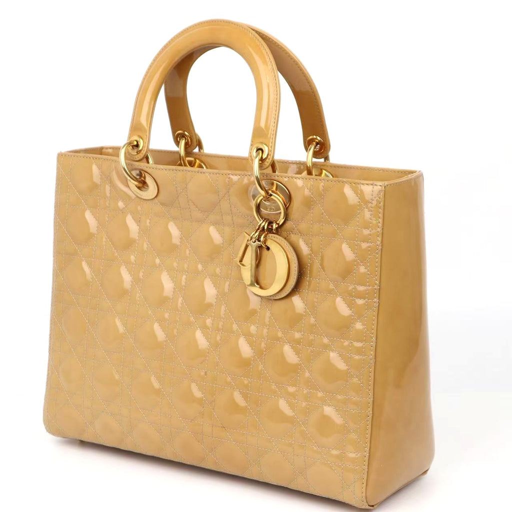 C2068# Christian Dior Beige Cannage Quilted Patent Leather Large Lady Dior Bag-Pre Owned