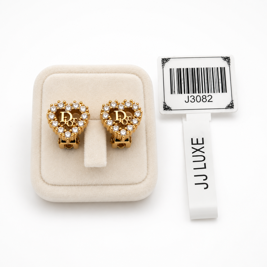 Christian Dior Heart Rhinestone Clip Earrings J3082* | Pre-Owned Good Gold-Tone Metal & Rhinestone