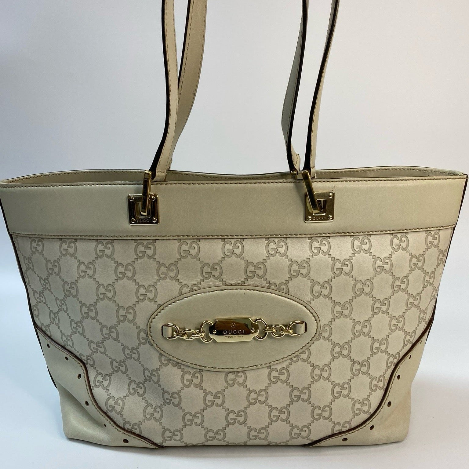 J2858 Gucci Tote Bag Guccisima White Tote Bag | Pre-Owned White Leather Guccissima