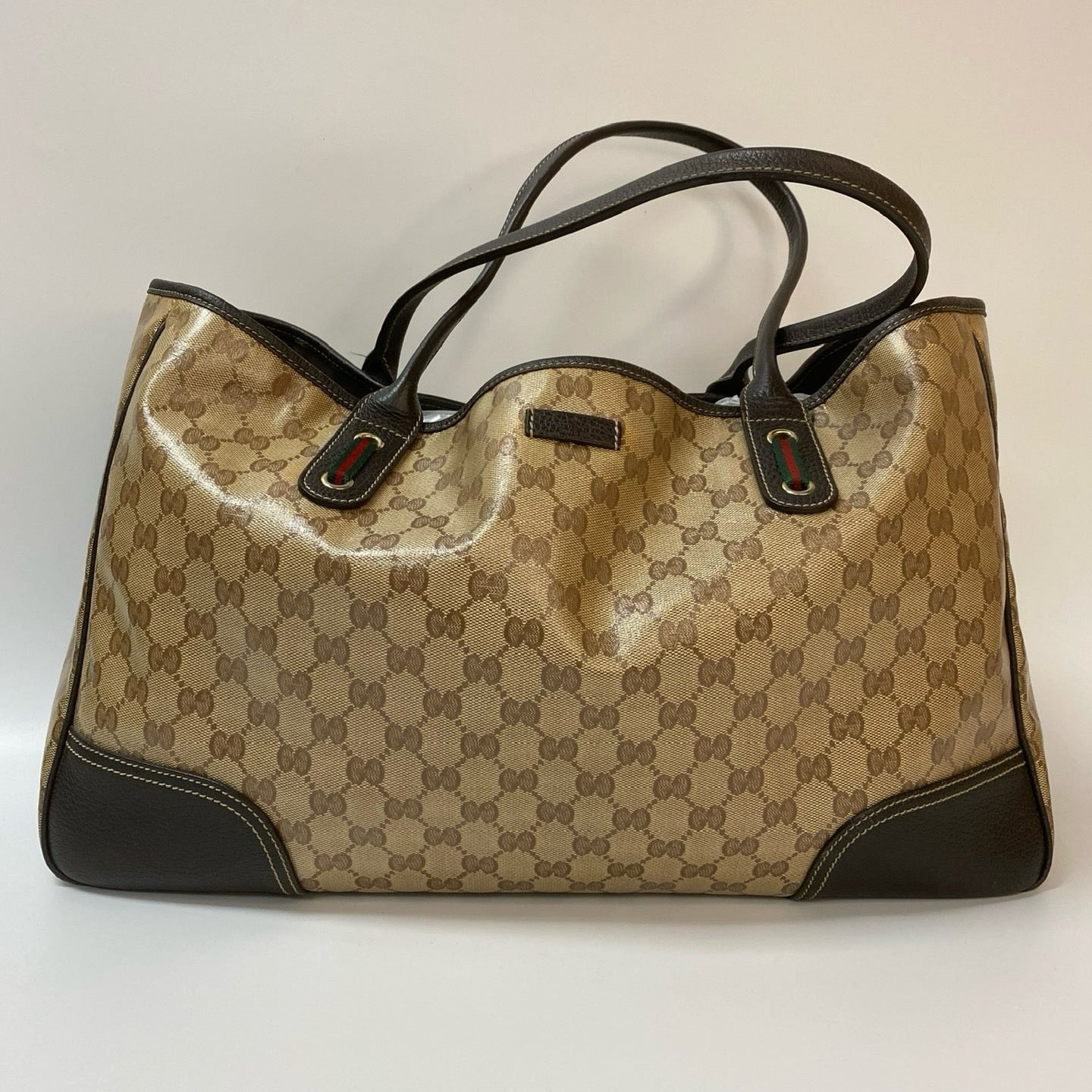 J2881 Gucci Tote Bag Beige GG Crystal Canvas and Leather Large Princy Tote | Pre-Owned Beige Canvas, Leather, Crystal/GG
