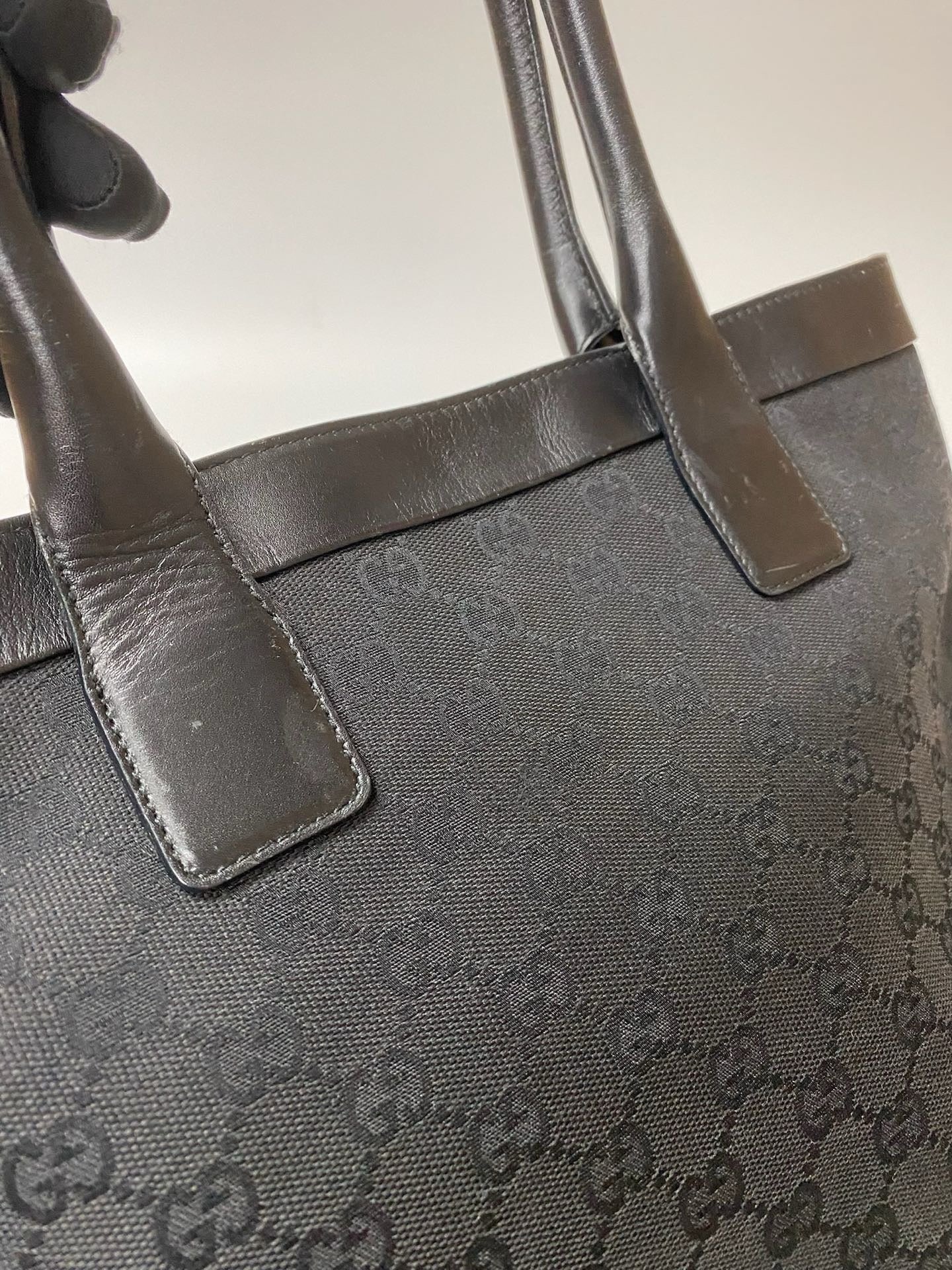 J2961 Gucci Tote Bag Black GG Canvas Leather Tote bag | Pre-Owned Black GG monogram Canvas, Leather
